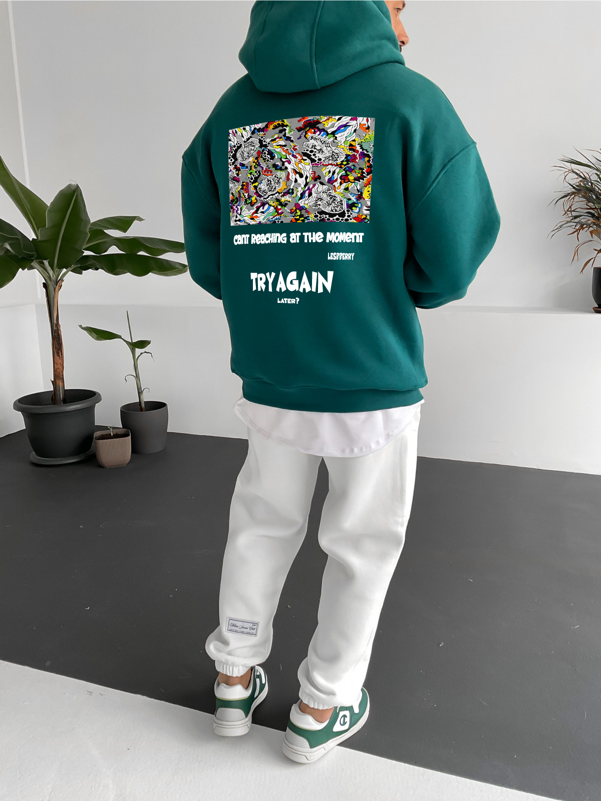 Dark Green "Try Again" Printed Oversize Hoodie - Broek