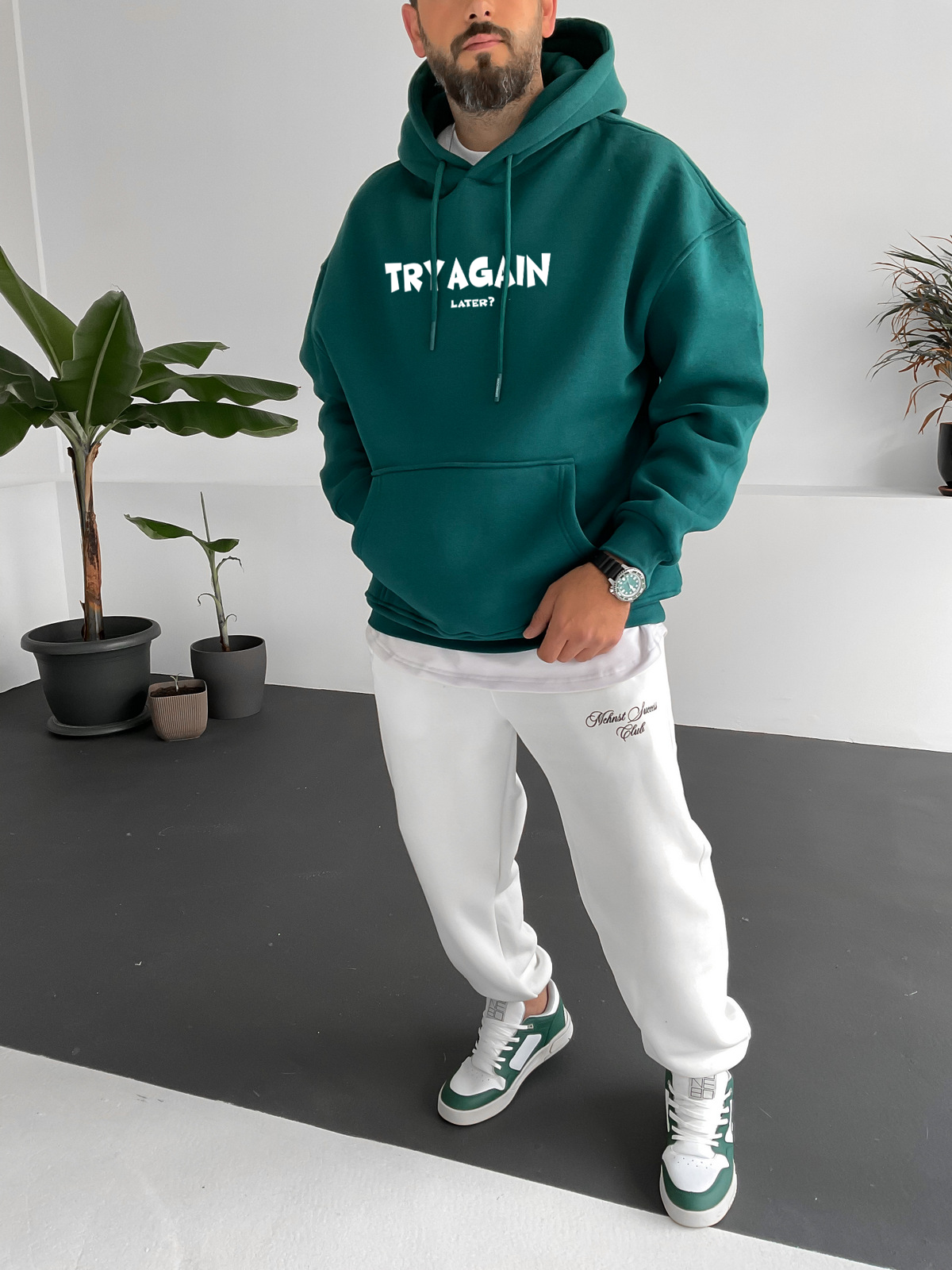 Dark Green "Try Again" Printed Oversize Hoodie - Broek