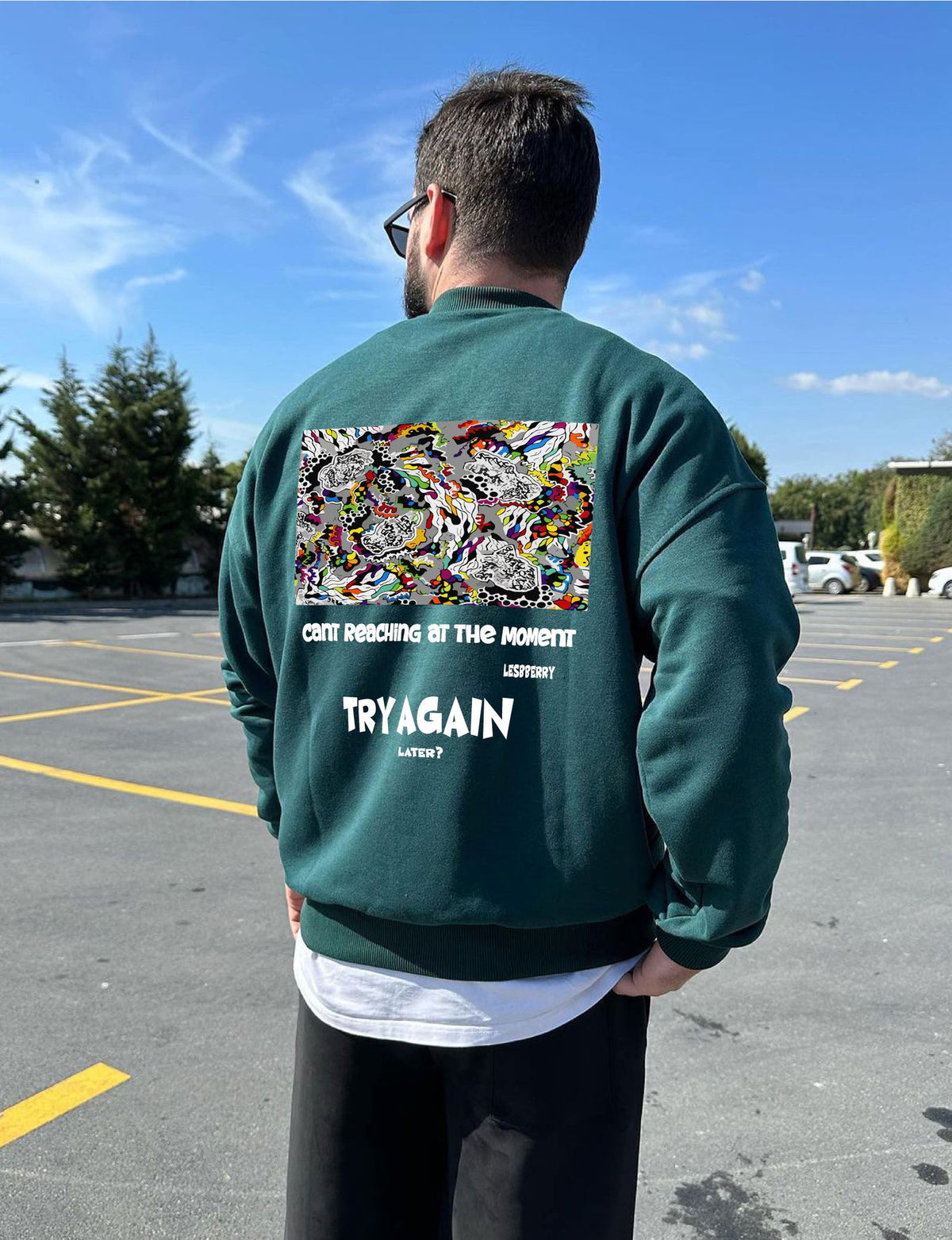 Dark Green "Try Again" Printed Oversize Sweatshirt - Broek