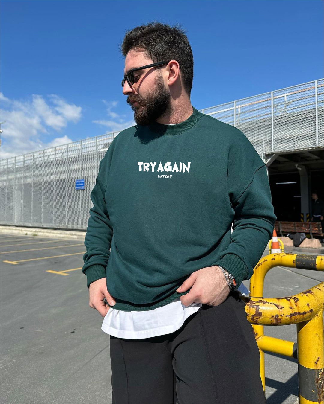 Dark Green "Try Again" Printed Oversize Sweatshirt - Broek