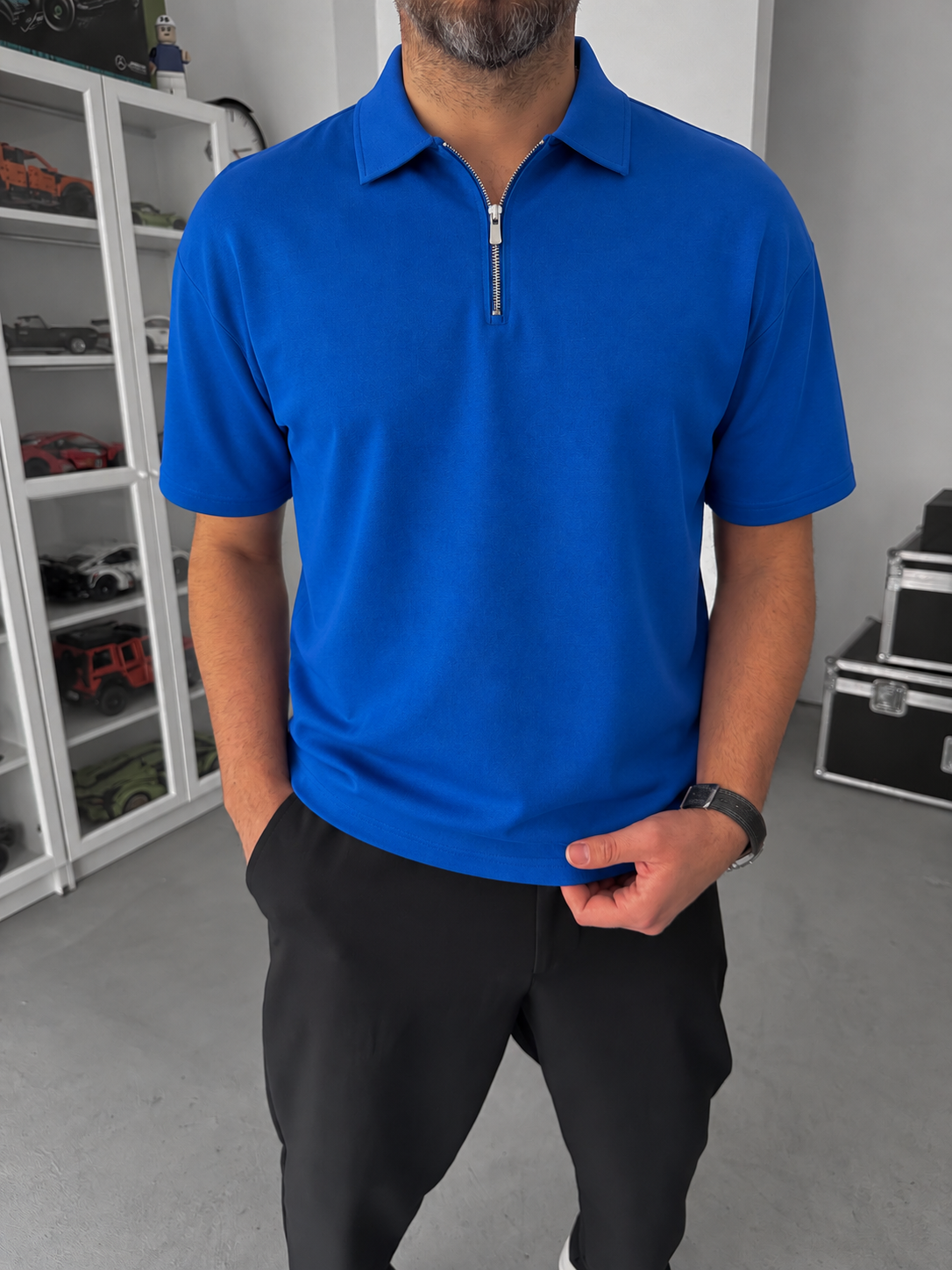 Blue Basic Half Zipper T-Shirt - Broek