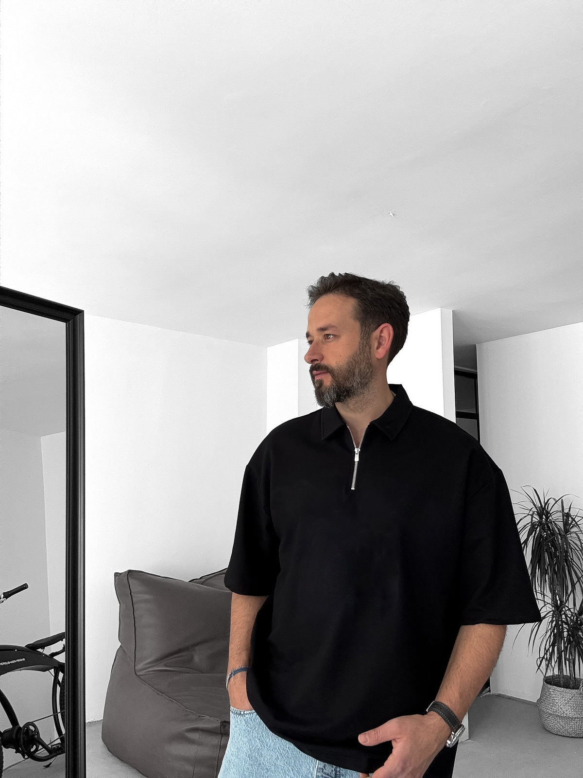 Black Basic Half Zipper T-Shirt