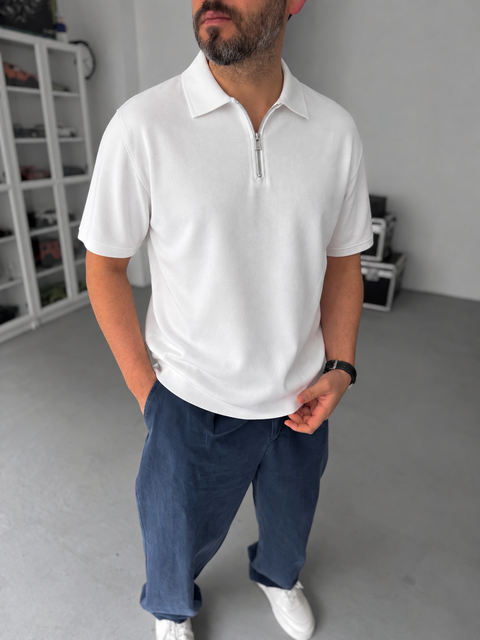 White Basic Half Zipper T-Shirt - Broek