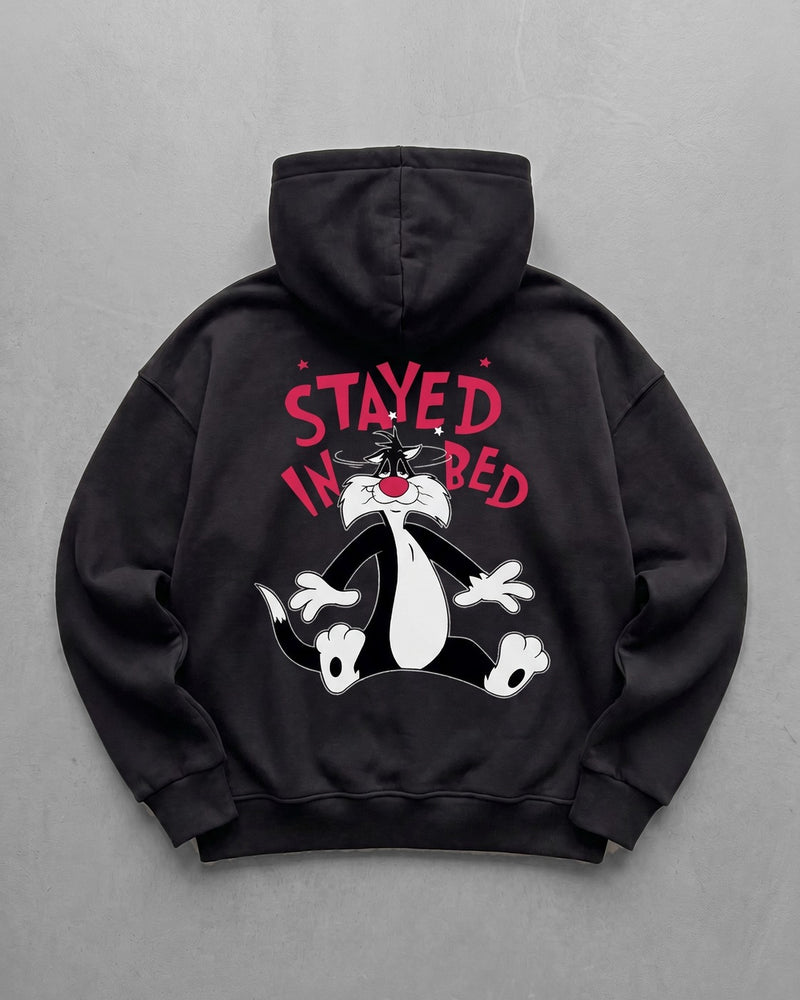 Black "stayed-in-bed" Printed Oversize Hoodie