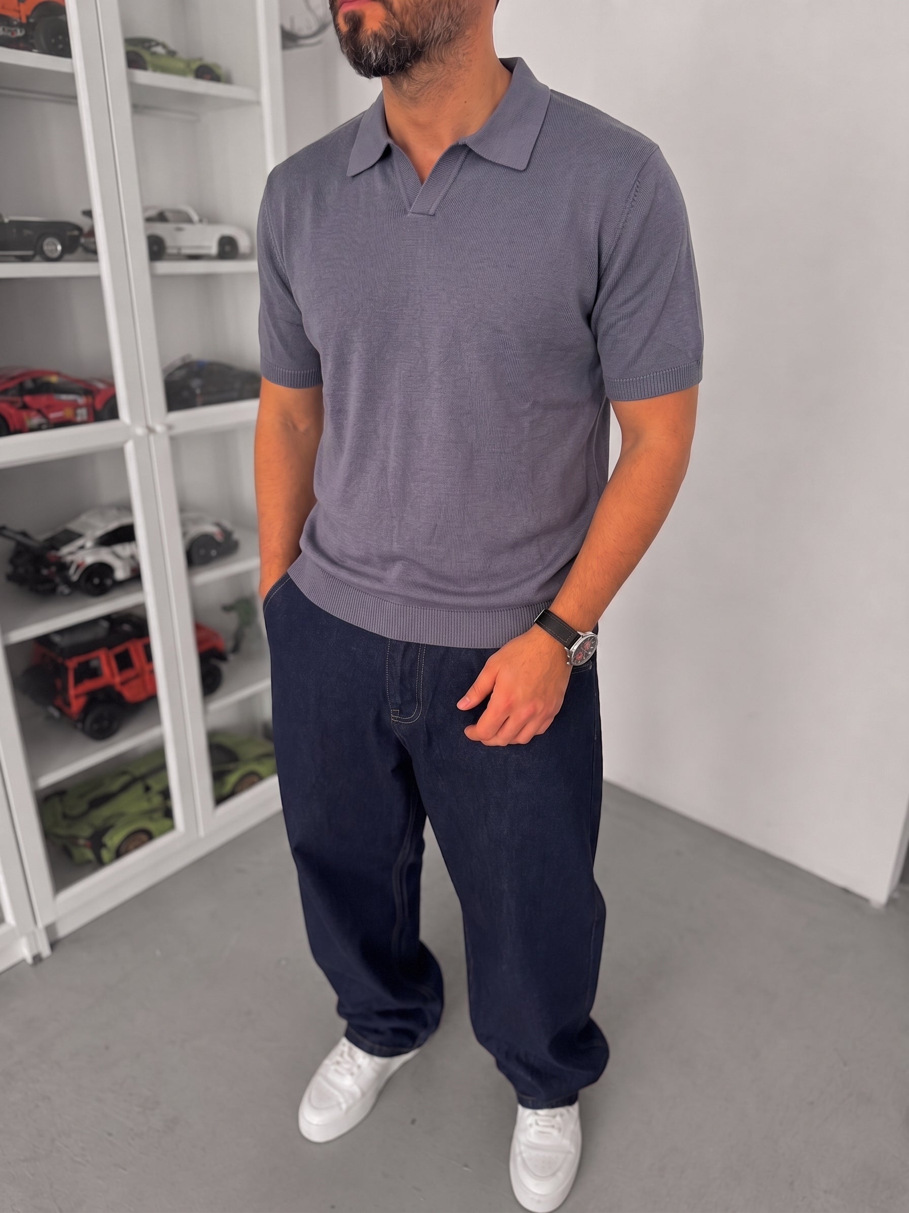Knitted Polo T-Shirt – Dark Grey