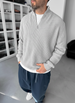 Premium Ribbed Quarter-Zip Knit Sweater - Grey