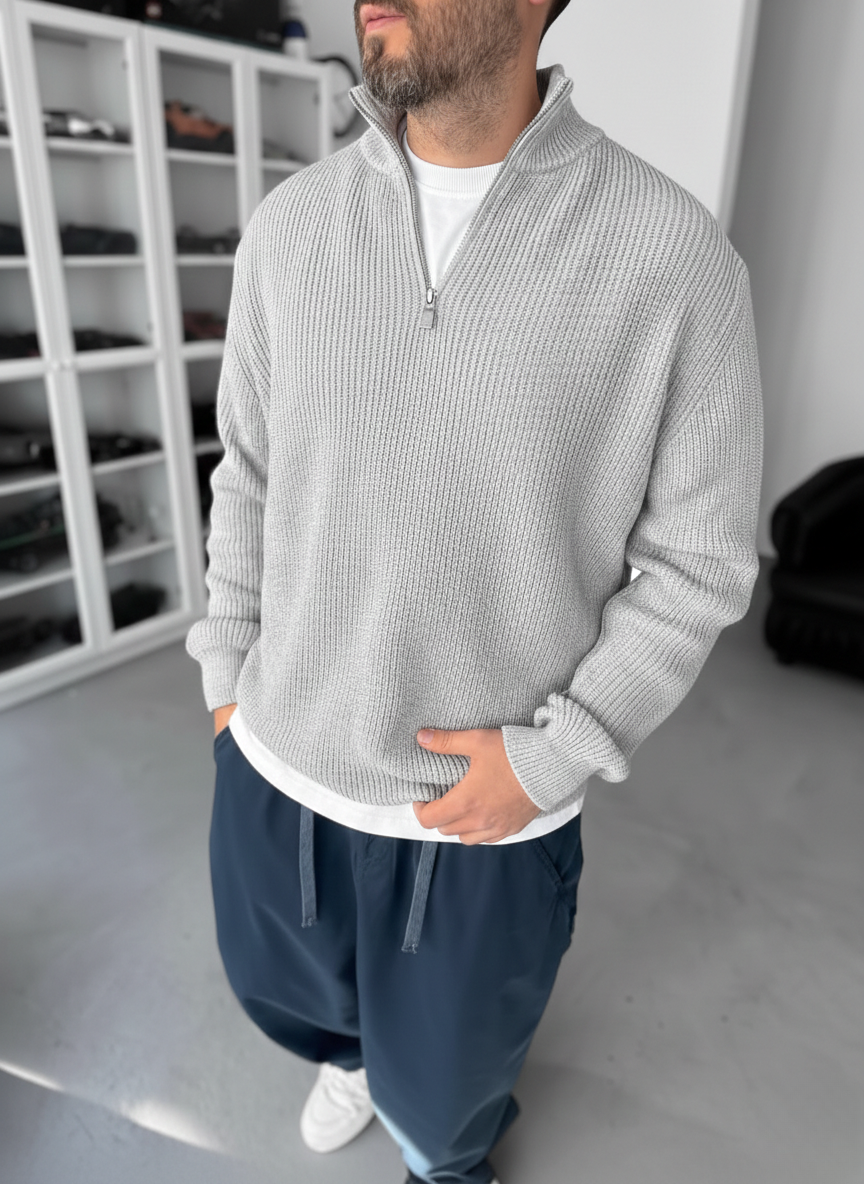 Premium Ribbed Quarter-Zip Knit Sweater - Grey