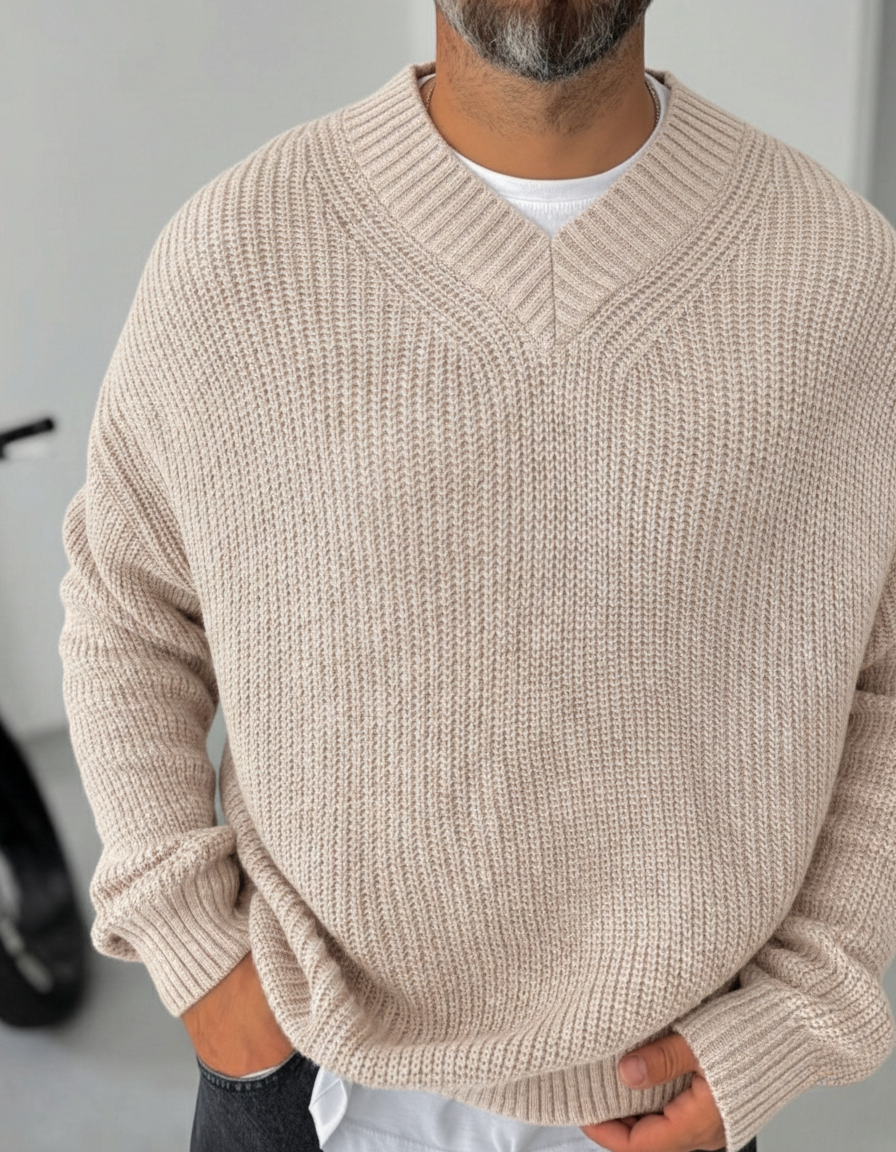 Premium Knitted V-Neck Sweater - Beige