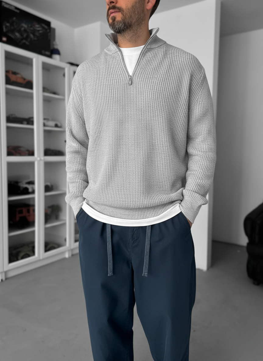 Premium Ribbed Quarter-Zip Knit Sweater - Grey