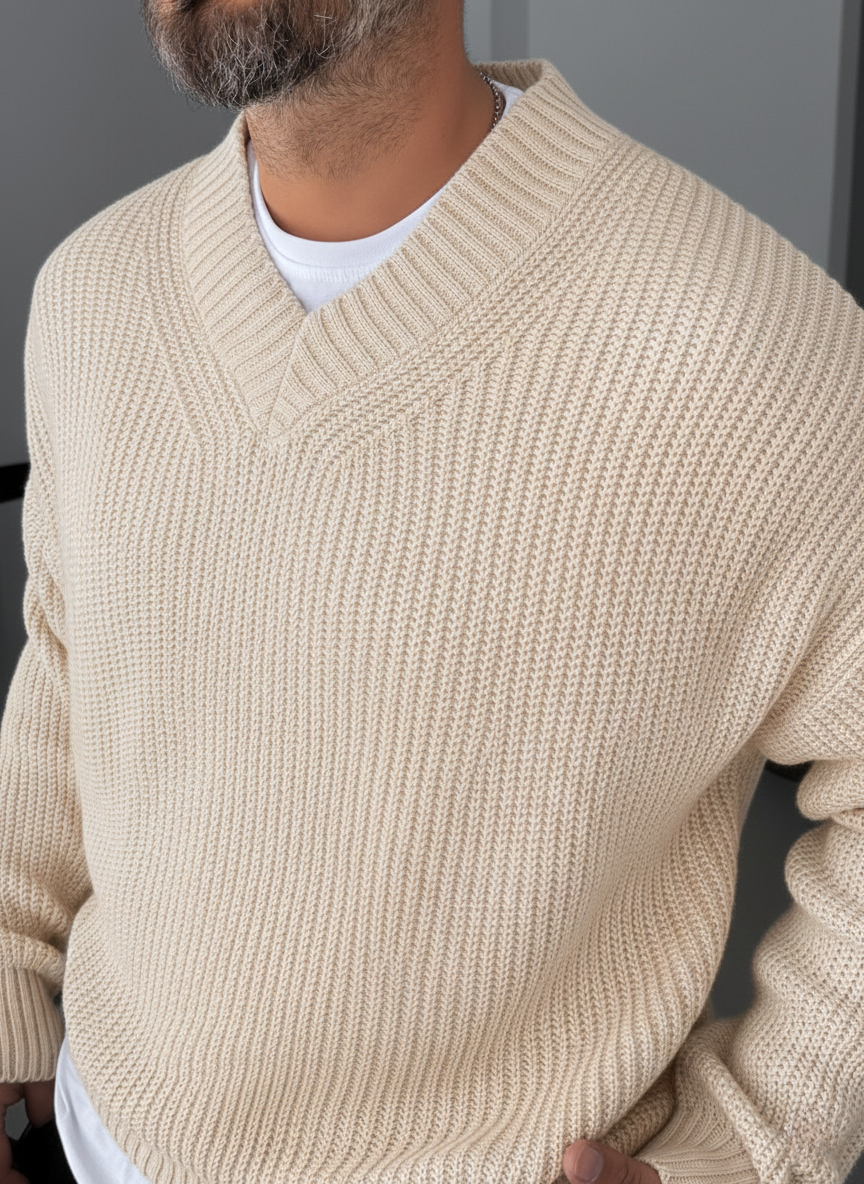 Premium Knitted V-Neck Sweater - Beige