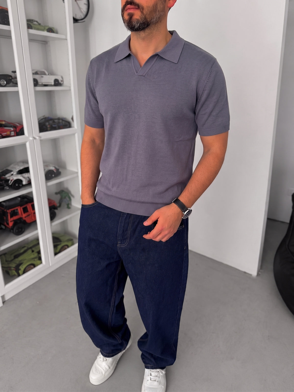 Men's dark grey knitted polo T-shirt — full outfit view