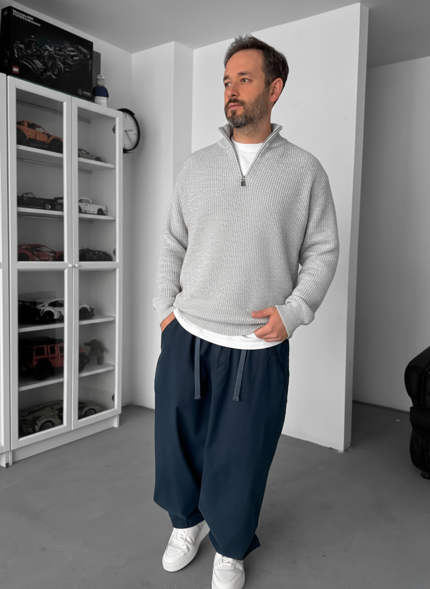 Premium Ribbed Quarter-Zip Knit Sweater - Grey