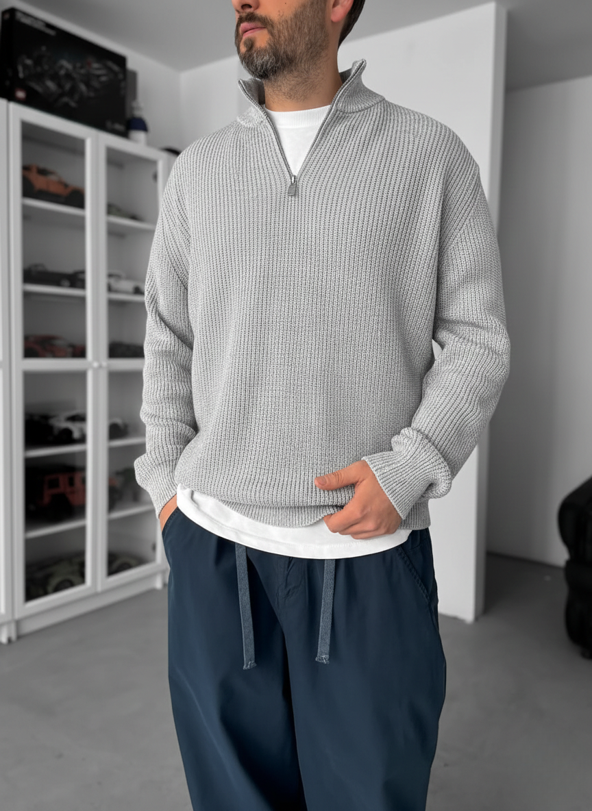 Premium Ribbed Quarter-Zip Knit Sweater - Grey