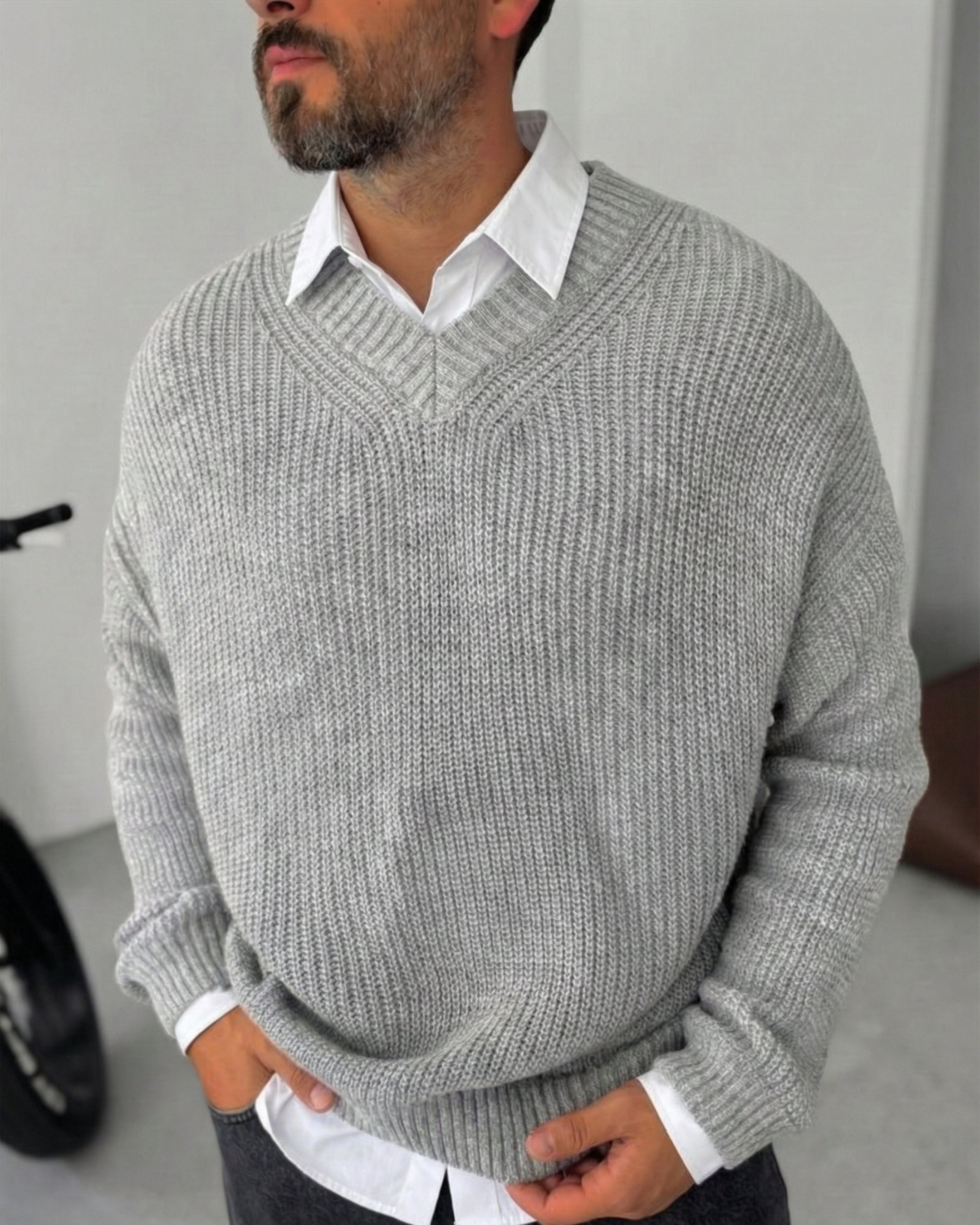 Premium Knitted V-Neck Sweater - Gray