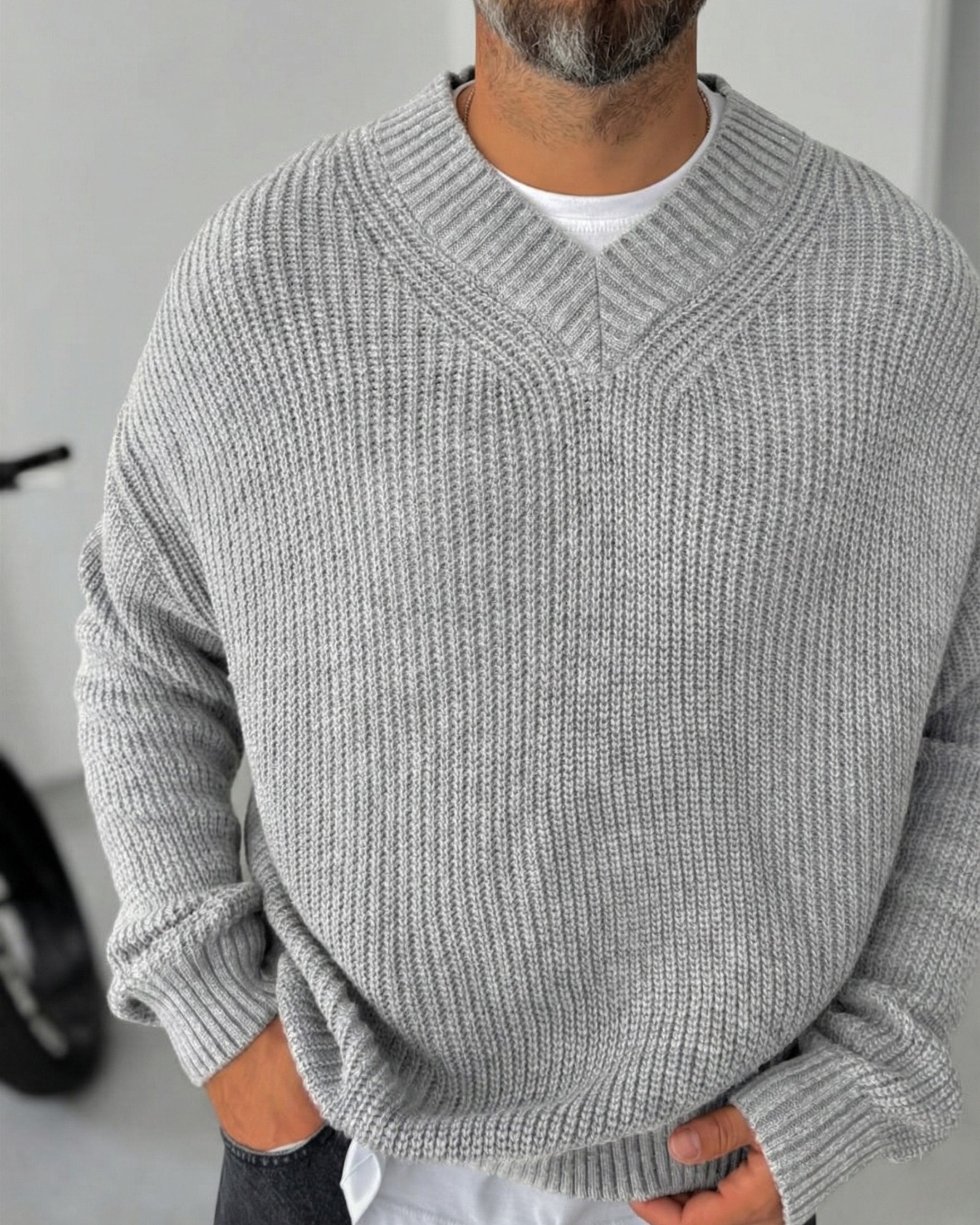 Premium Knitted V-Neck Sweater - Gray