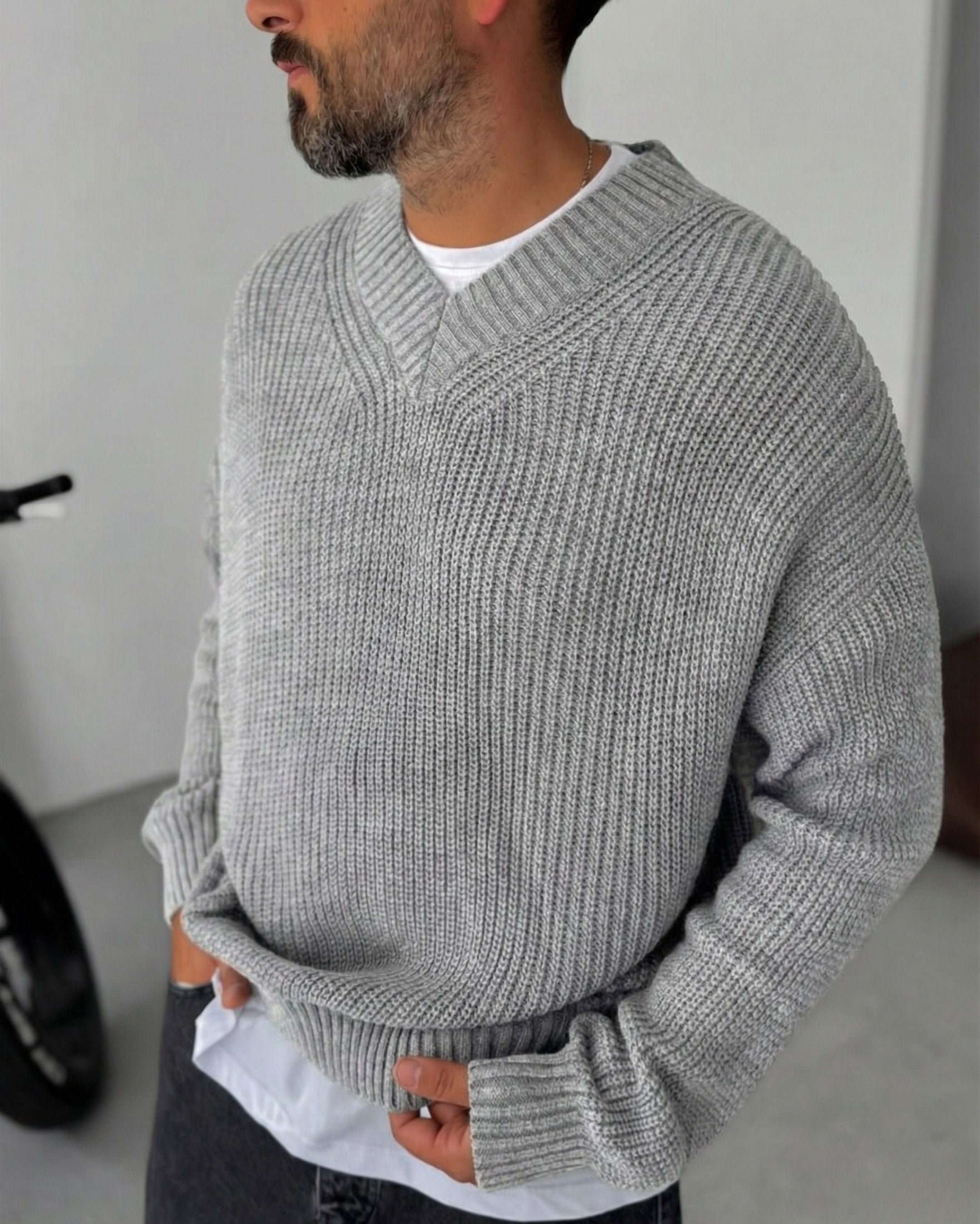 Premium Knitted V-Neck Sweater - Gray