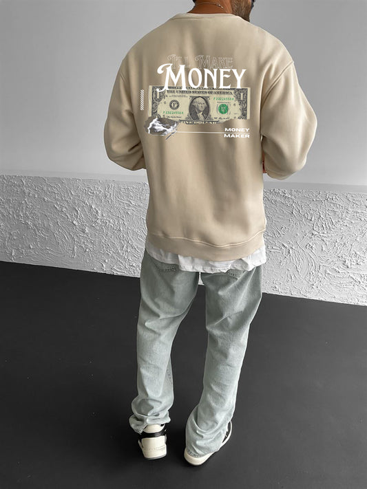 Beige "Money" Printed Oversize Sweatshirt