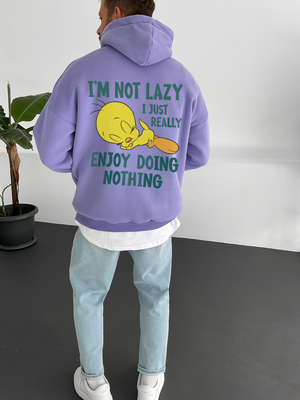 Purple "i'm-not-lazy" Printed Oversize Hoodie