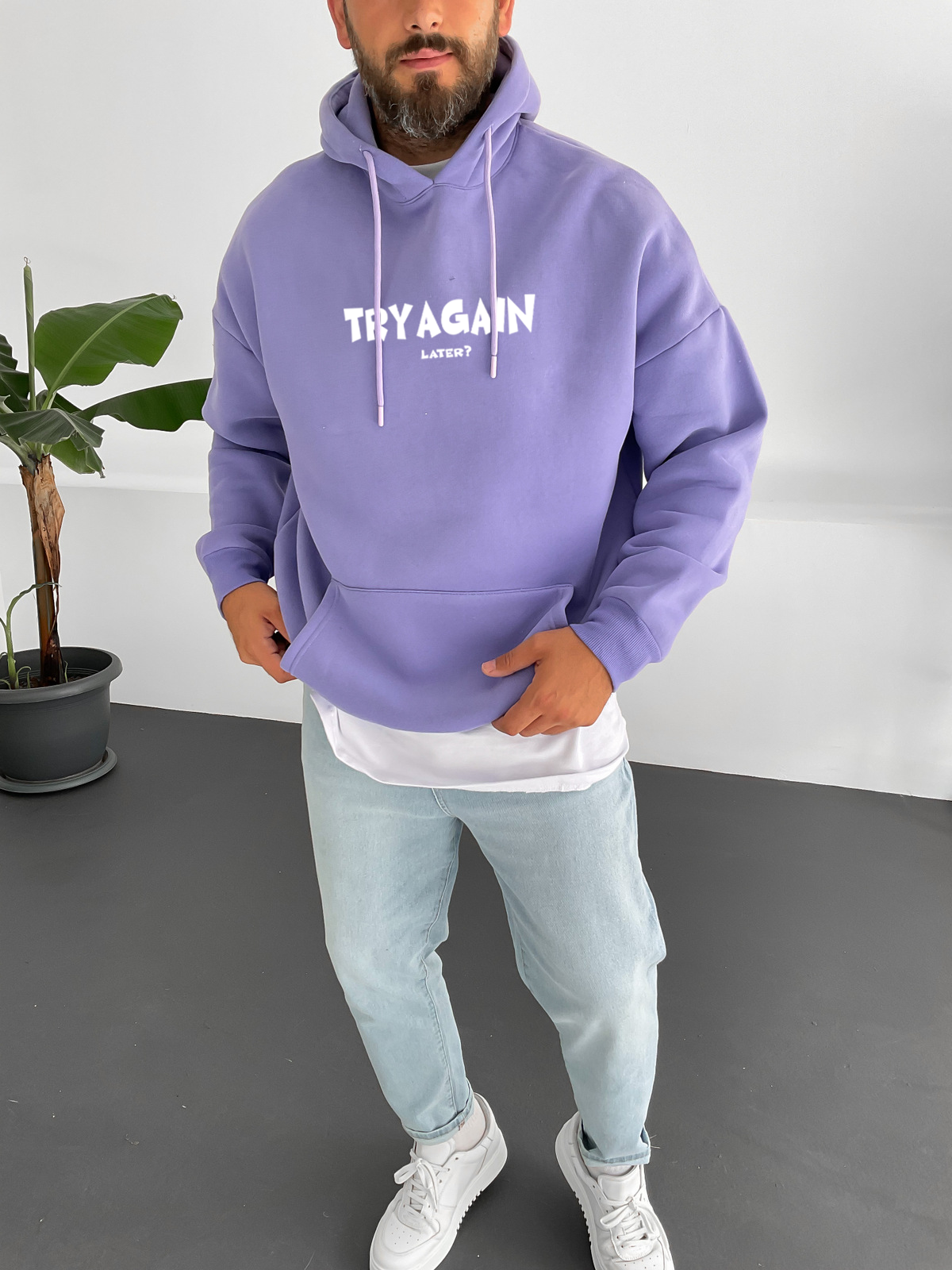 Purple "Try Again" Printed Oversize Hoodie - Broek