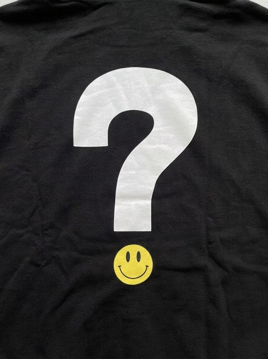 Question Mark Smiley Hoodie - Black - back print close-up