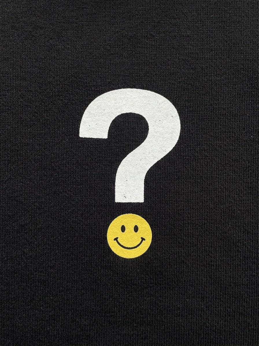 Question Mark Smiley Hoodie - Black - front print close-up