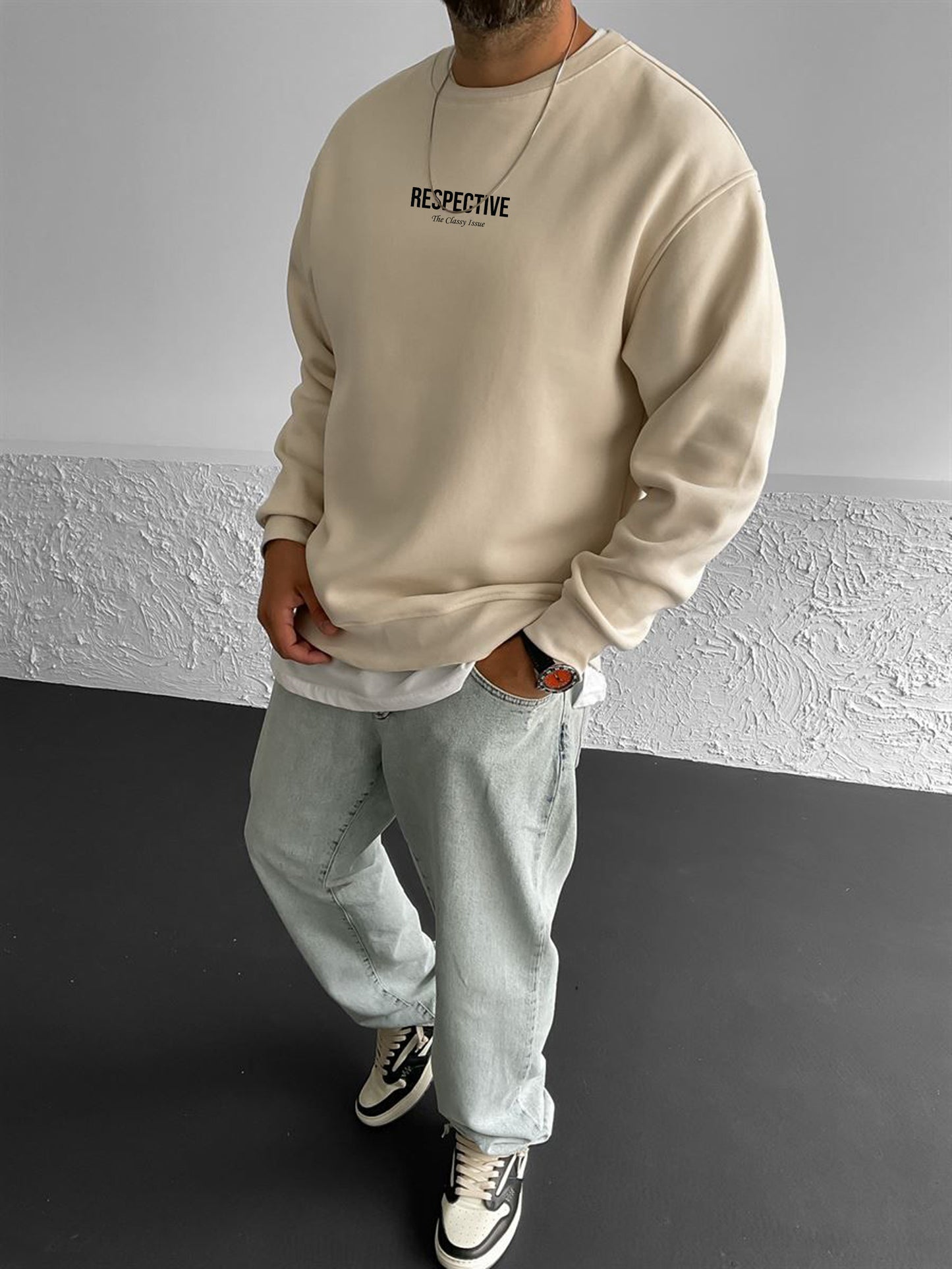 Beige "Respective " Printed Oversize Sweatshirt