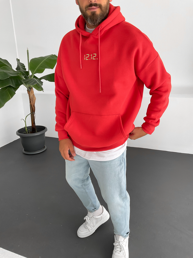 Red "12:12" Printed Oversize Hoodie