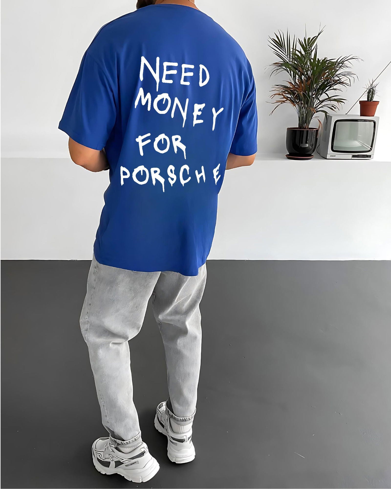 Royal Blue "Porsche" Printed Oversize T-Shirt - Broek