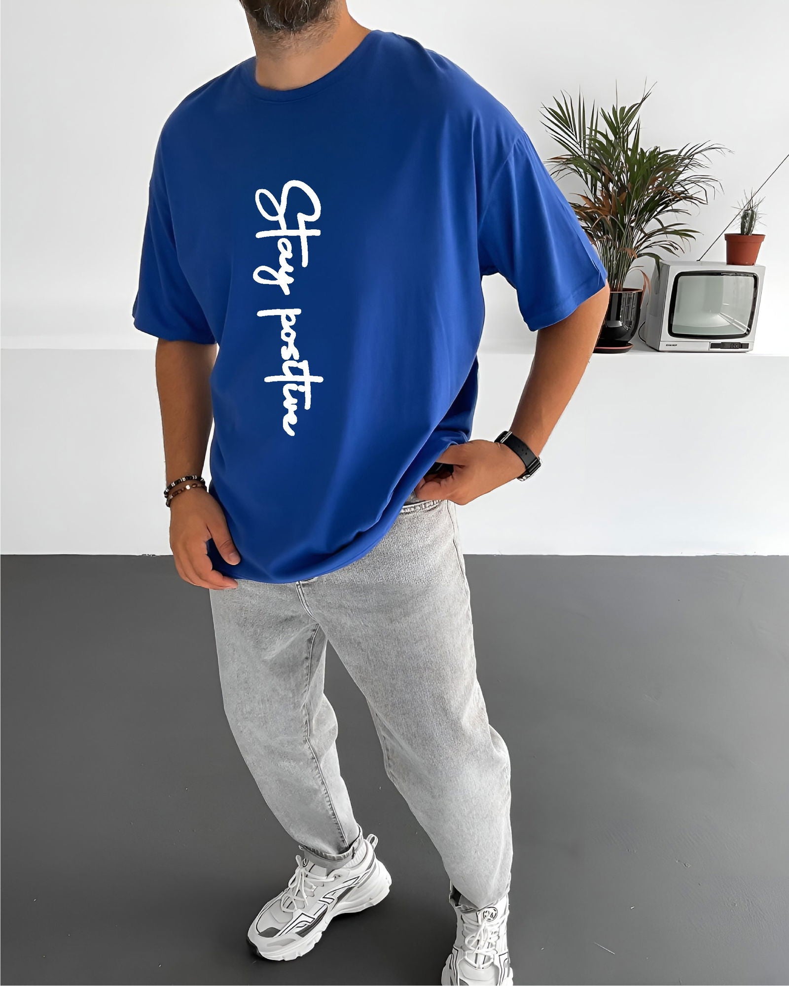 Royal Blue "Stay Positive" Printed Oversize T-Shirt - Broek