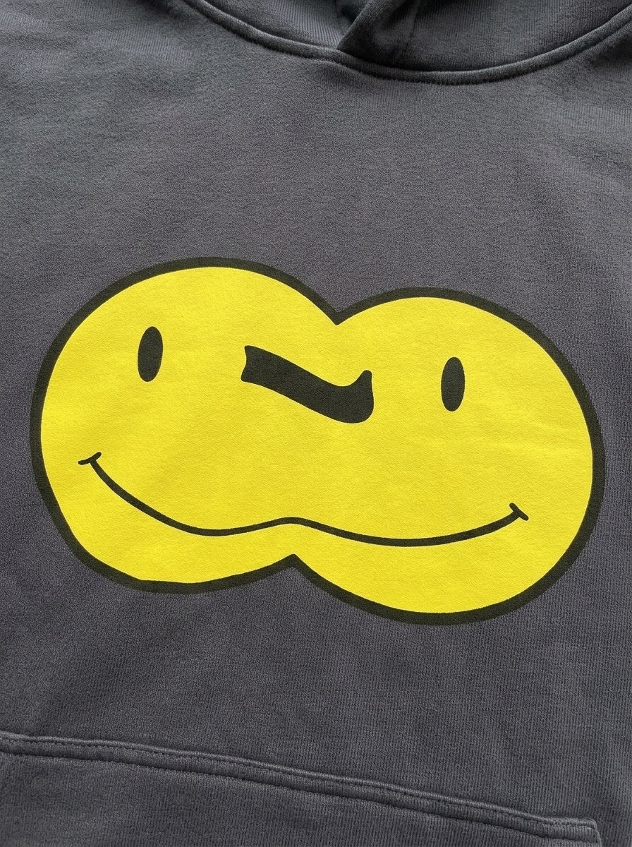 Double Smiley Hoodie - Smoked - front print close-up