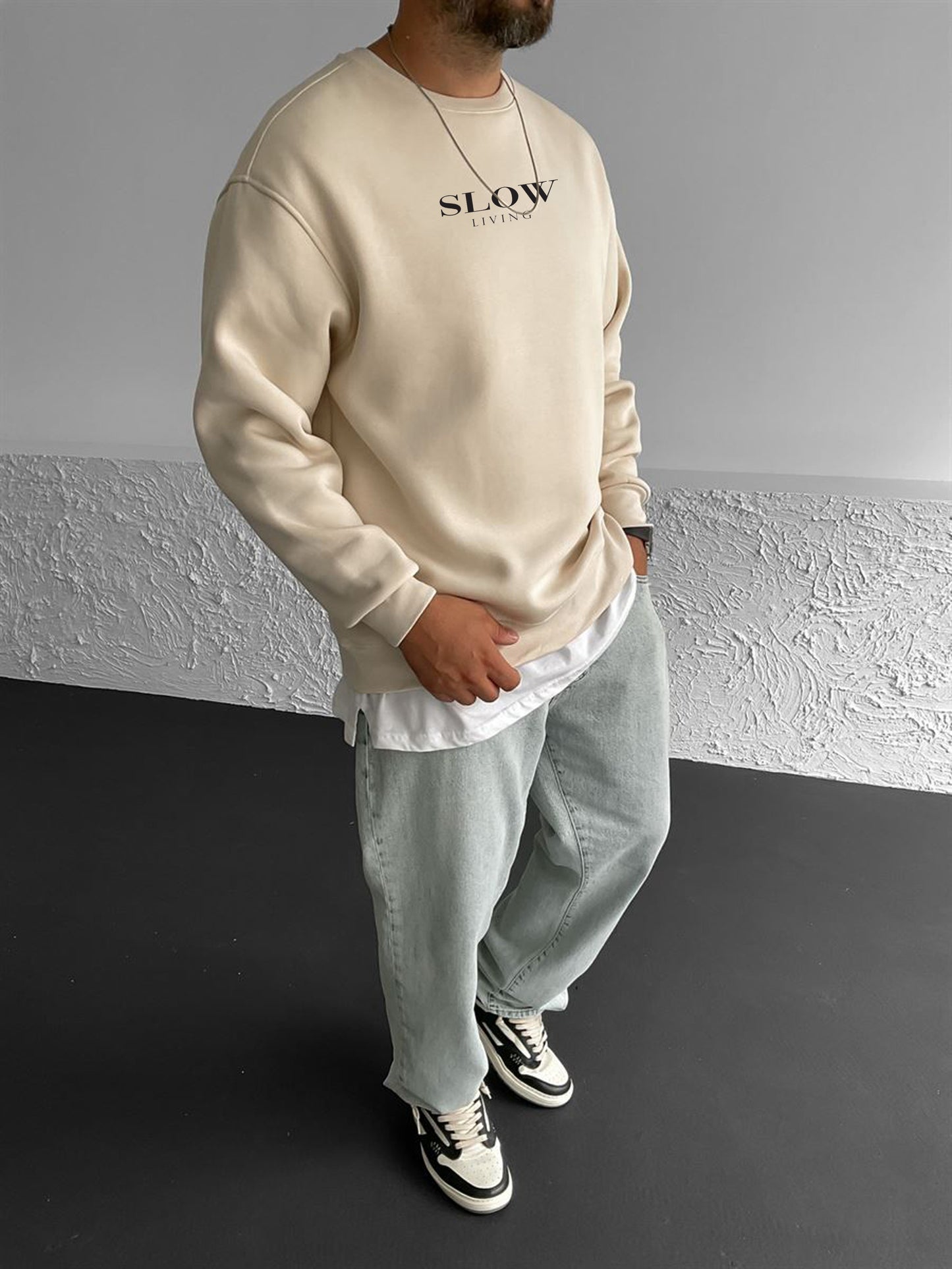 Beige "Slow Living" Printed Oversize Sweatshirt