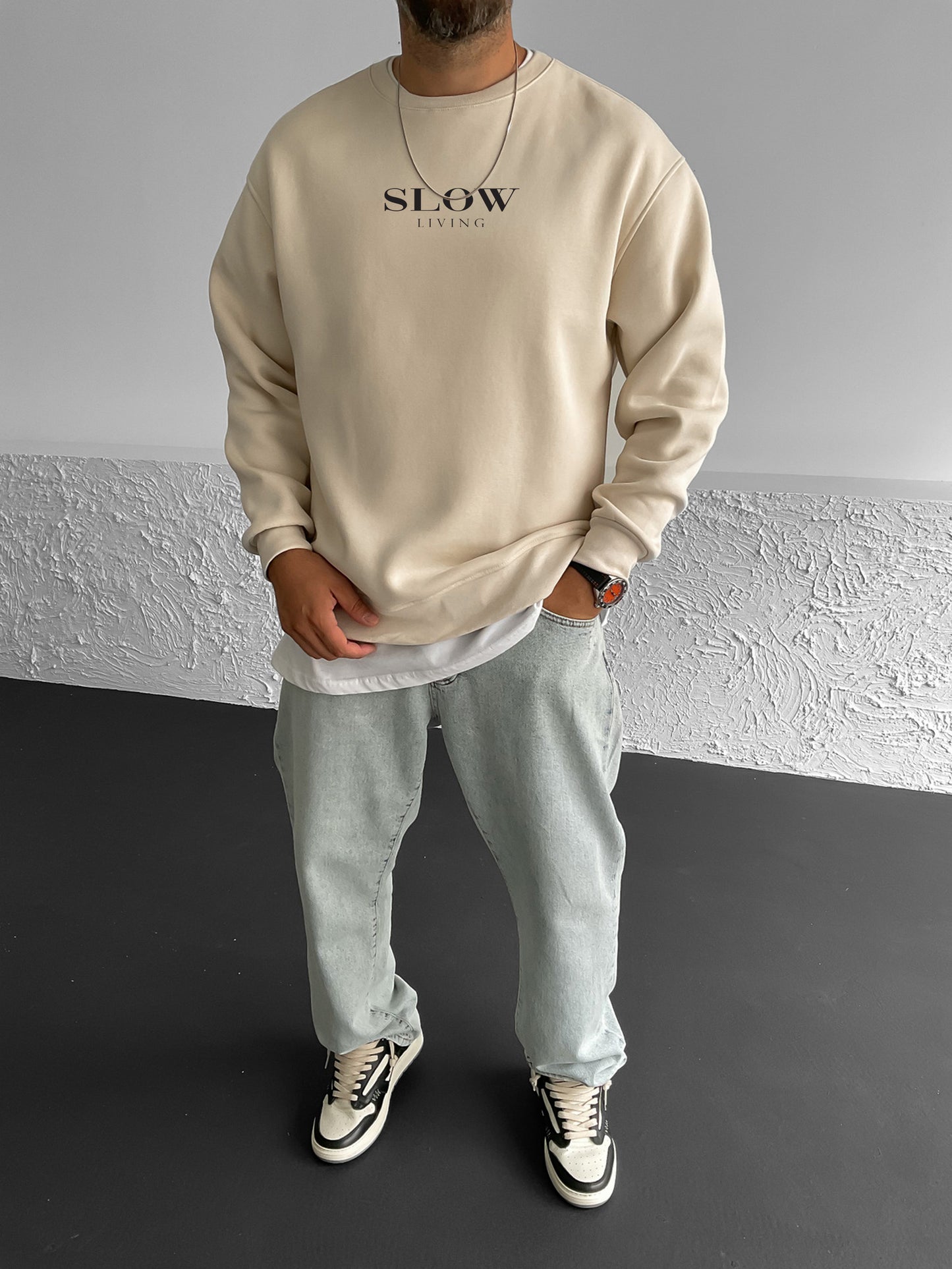Beige "Slow Living" Printed Oversize Sweatshirt