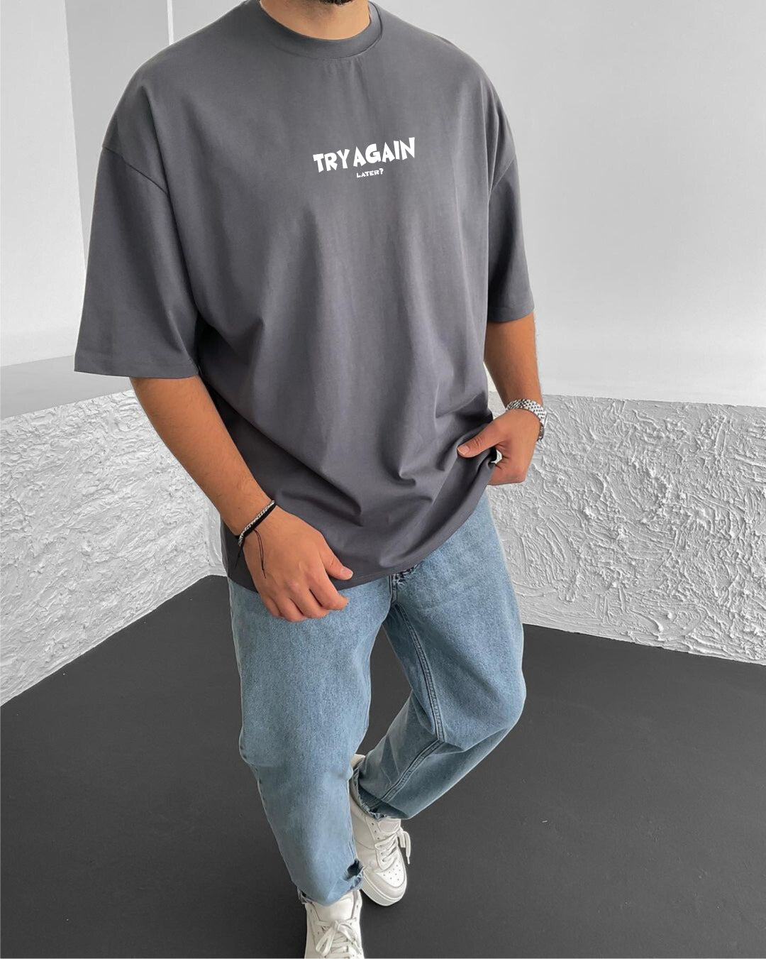 Smoked "Try Again" Printed Oversize T-Shirt - Broek