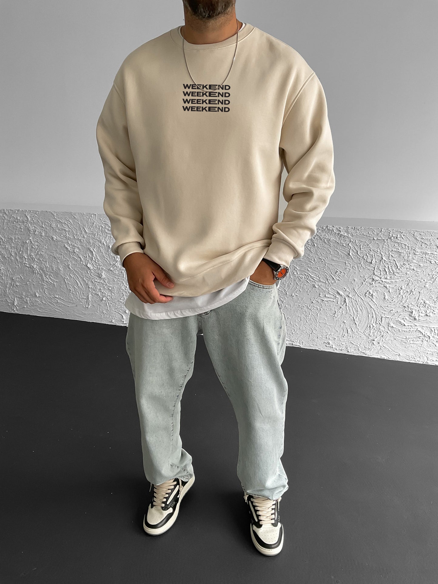 Beige "Weekend" Printed Oversize Sweatshirt