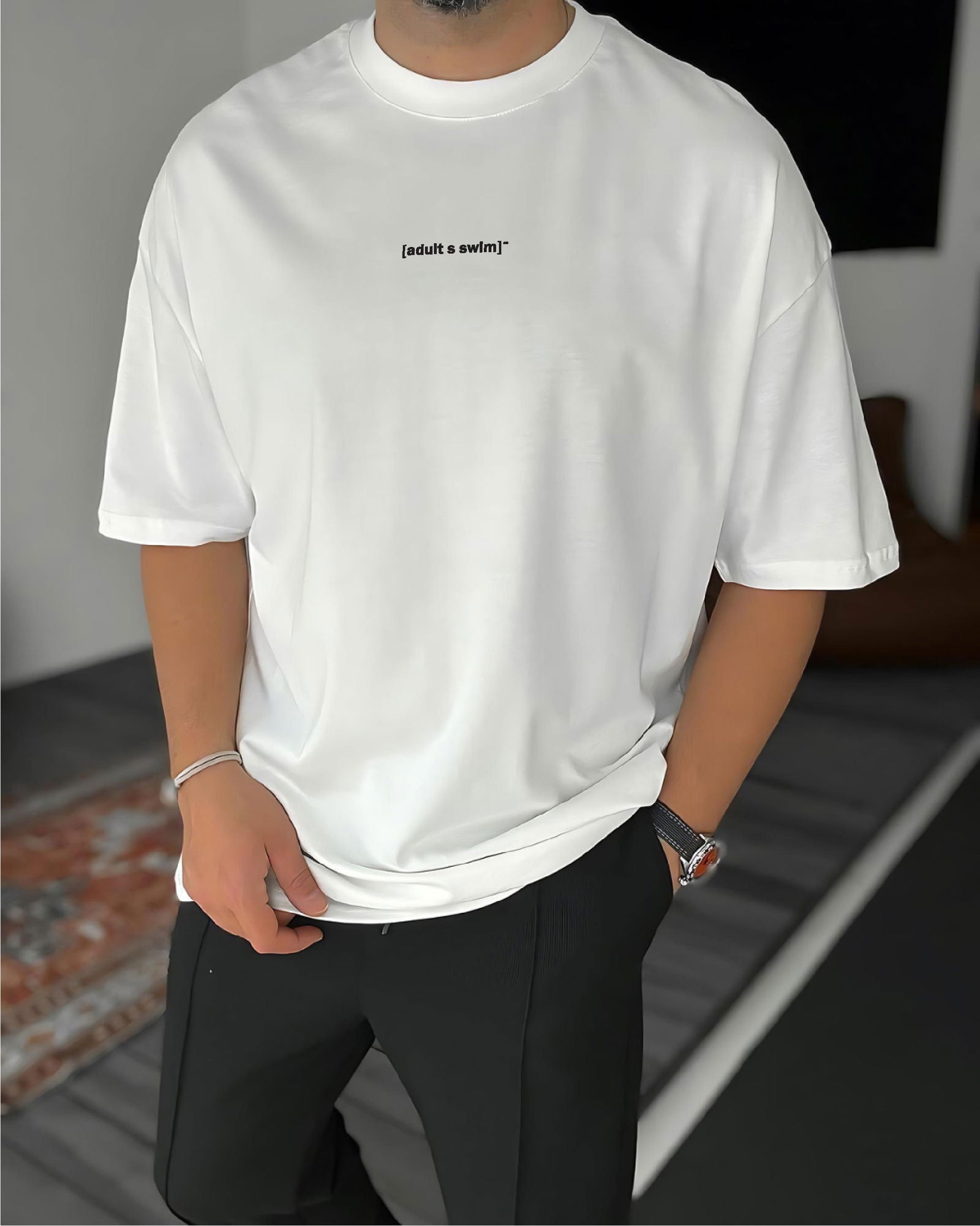 White "Adults Swim" Printed Oversize T-Shirt - Broek