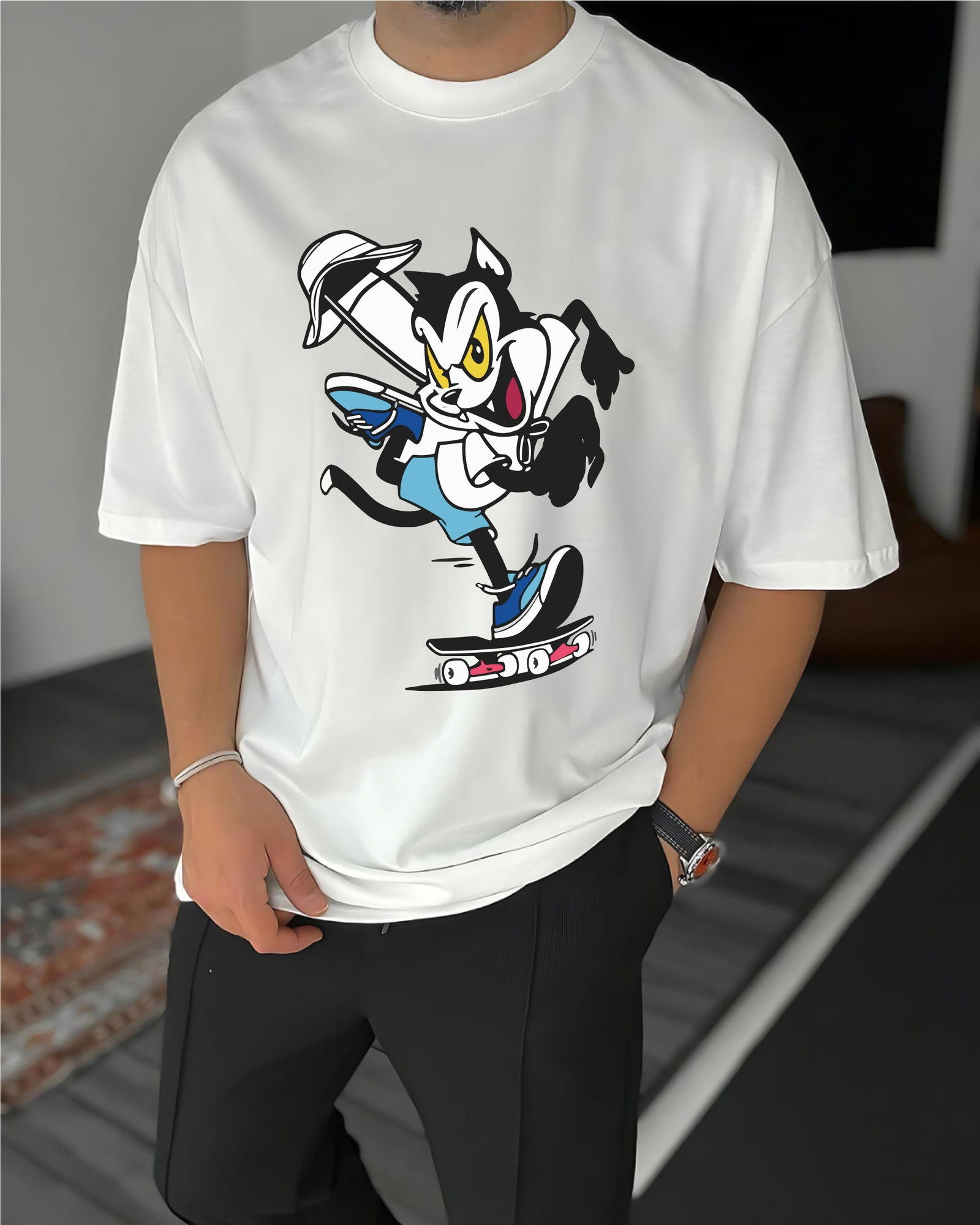 White "Cat" Printed Oversize T-Shirt - Broek