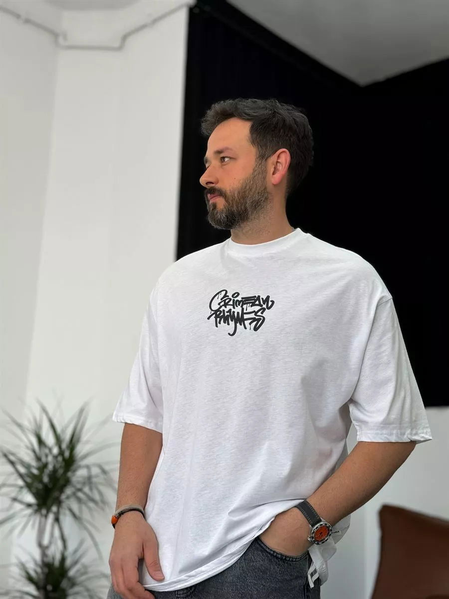 White "Crime" Printed Oversize T-Shirt - Broek