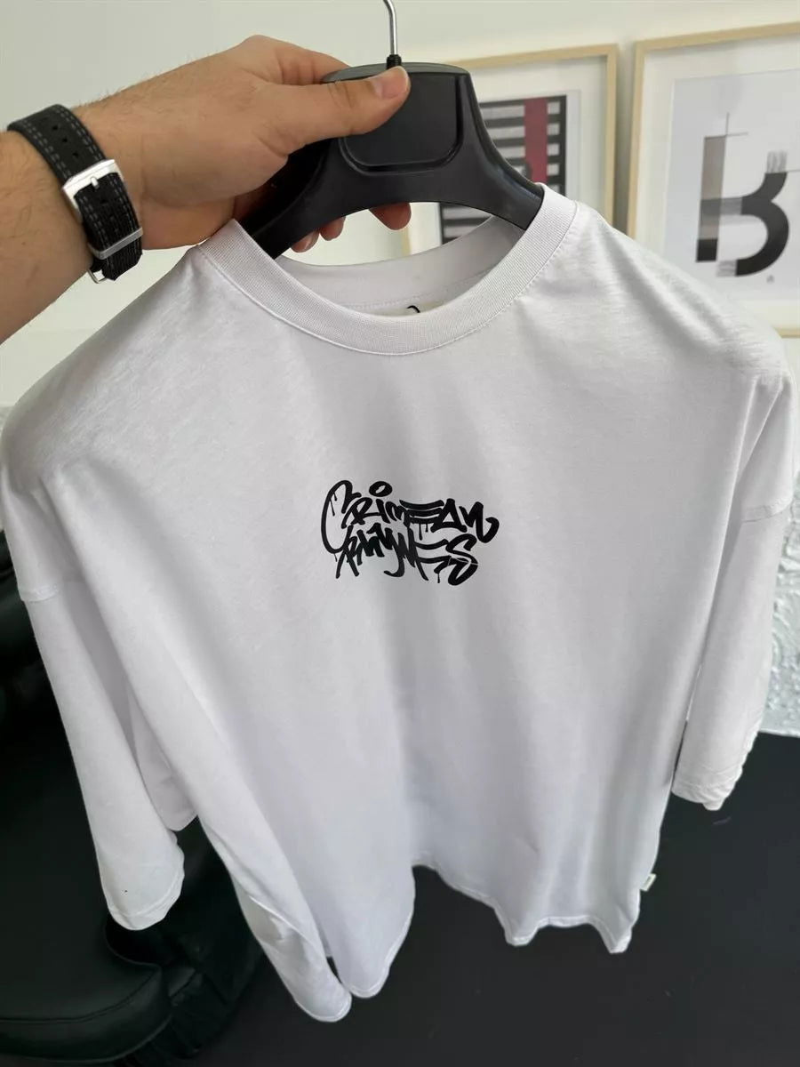 White "Crime" Printed Oversize T-Shirt - Broek