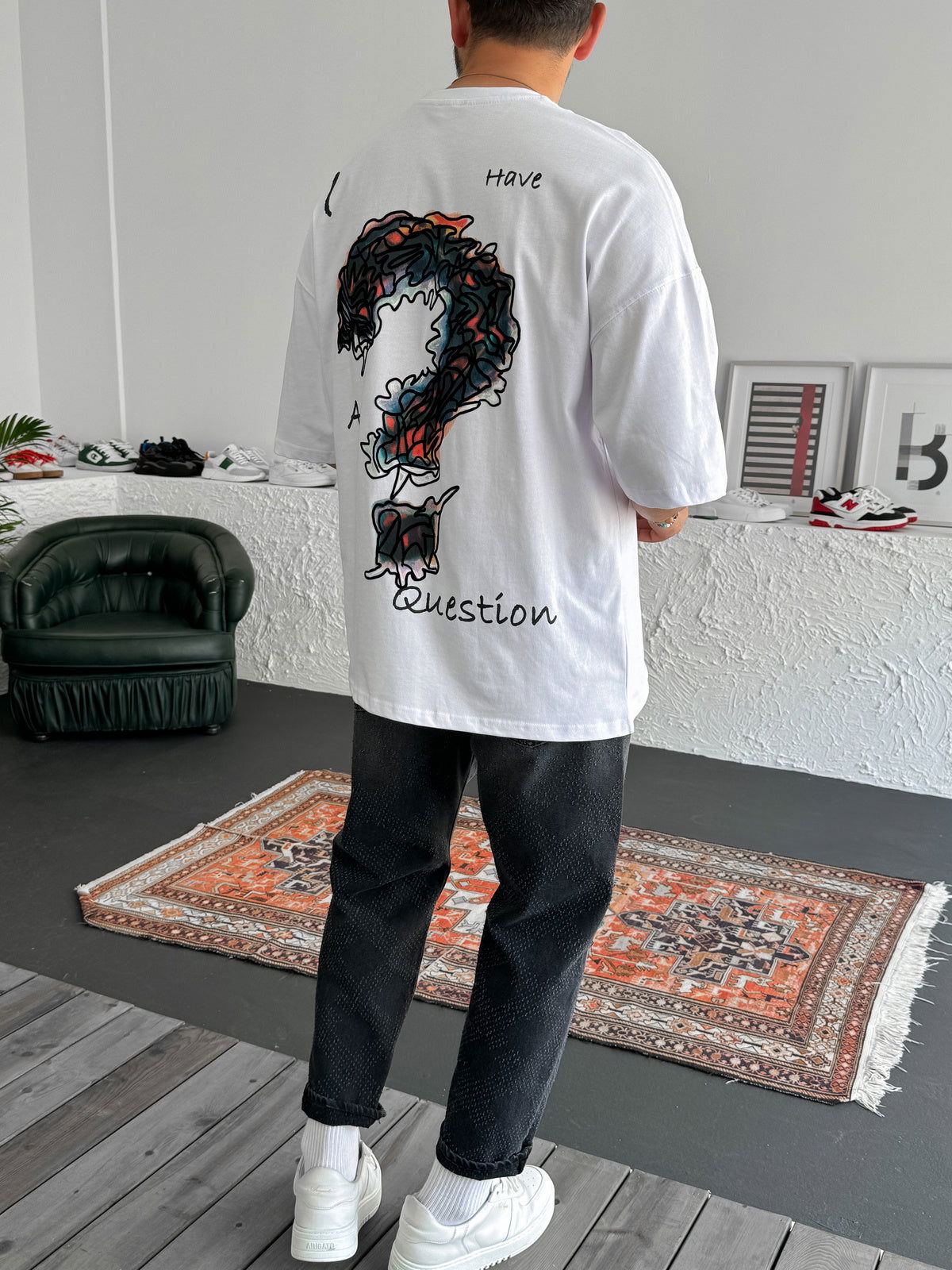 White "Question" Printed Oversize T-Shirt - Broek