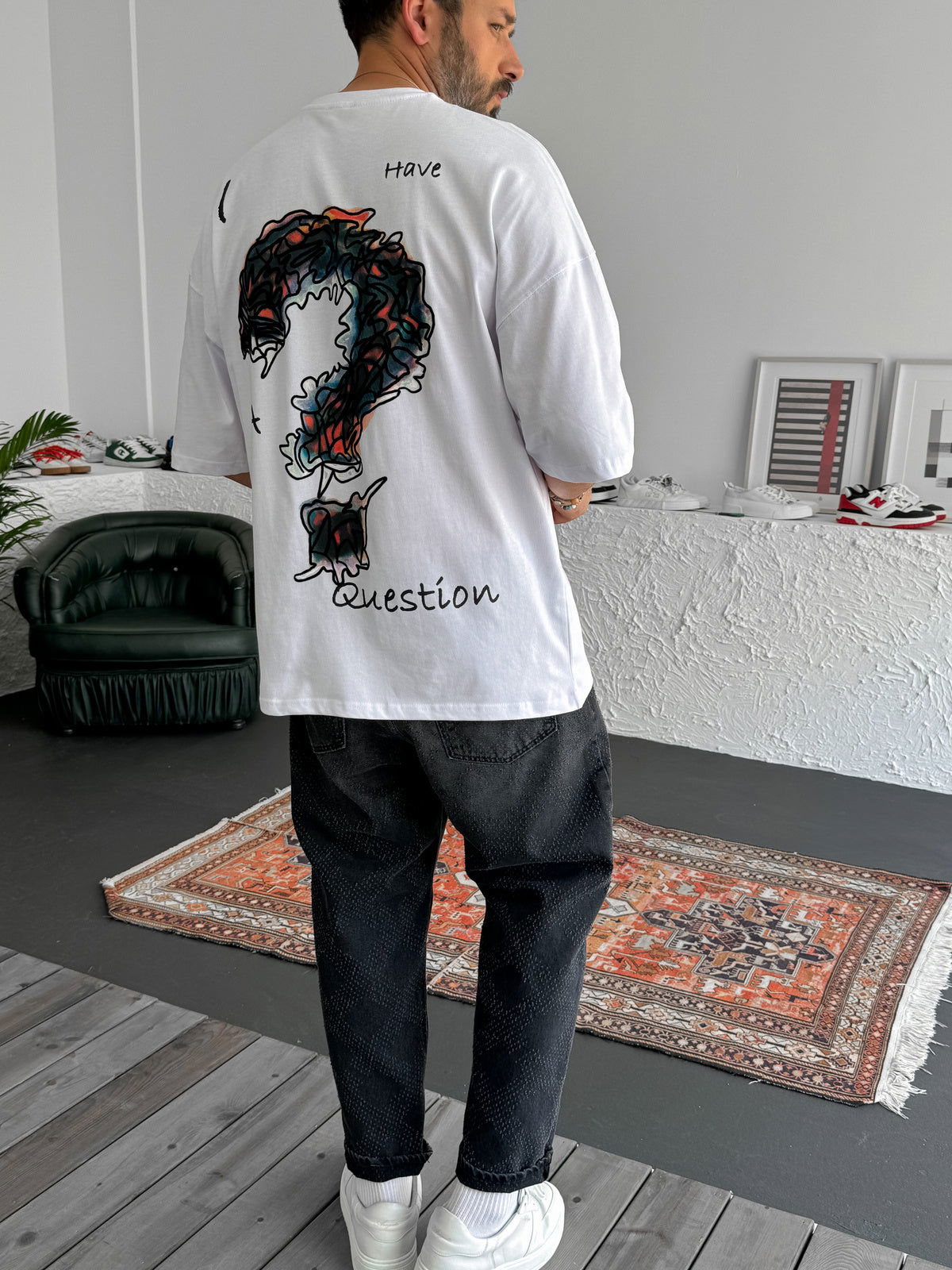 White "Question" Printed Oversize T-Shirt - Broek