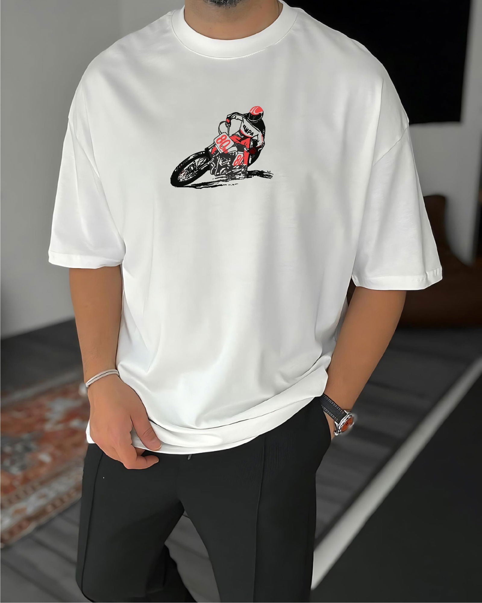 White "Racing" Printed Oversize T-Shirt - Broek