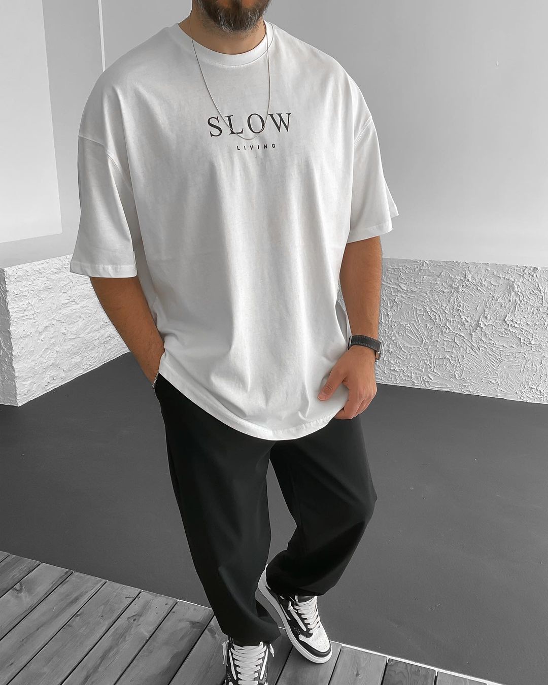 White "Slow Living" Printed Oversize T-Shirt - Broek