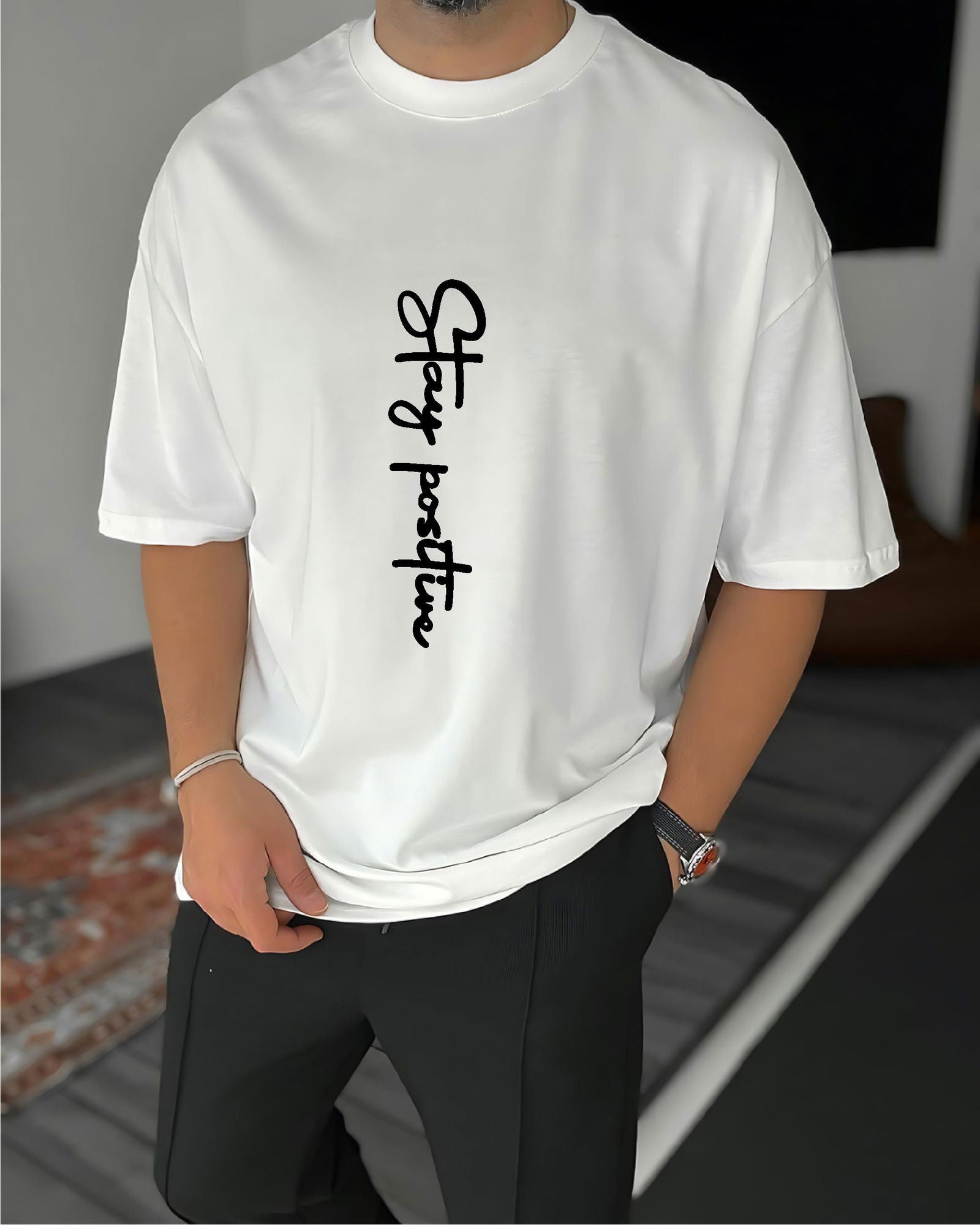 White "Stay Positive" Printed Oversize T-Shirt - Broek