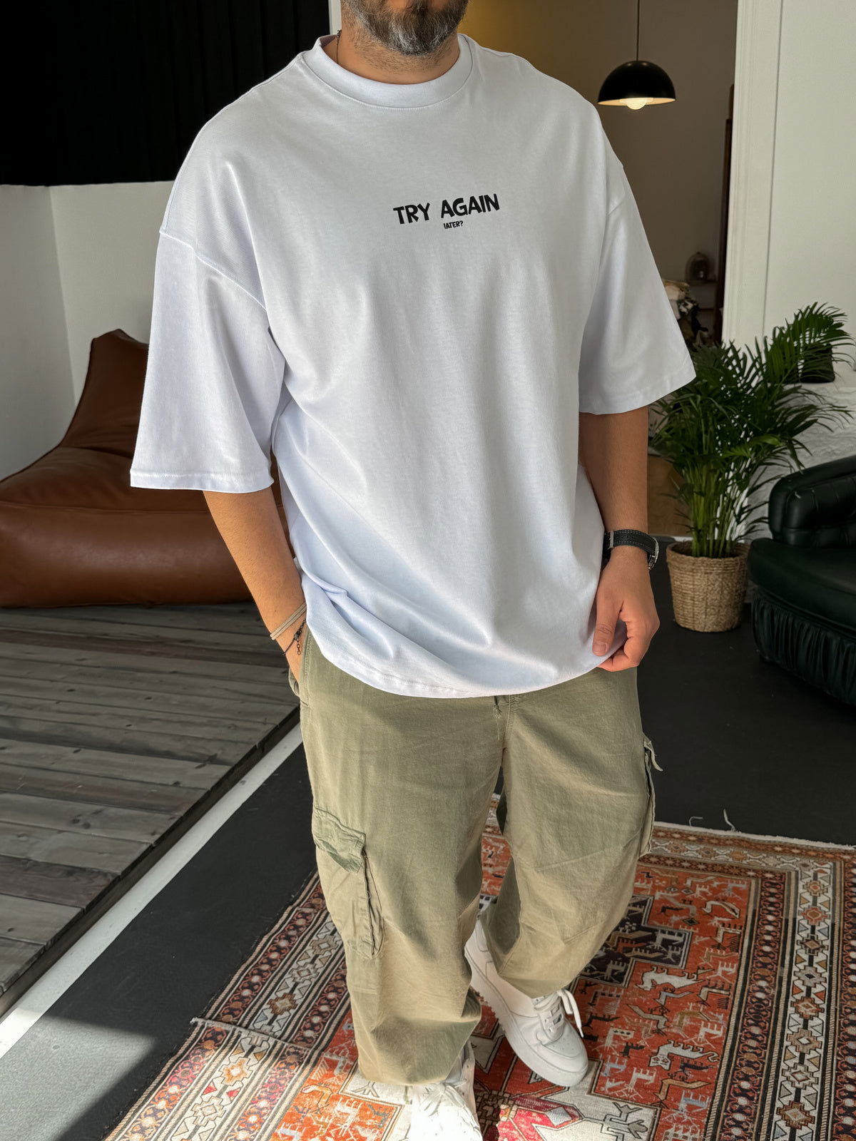 White "Try Again" Printed Oversize T-Shirt - Broek