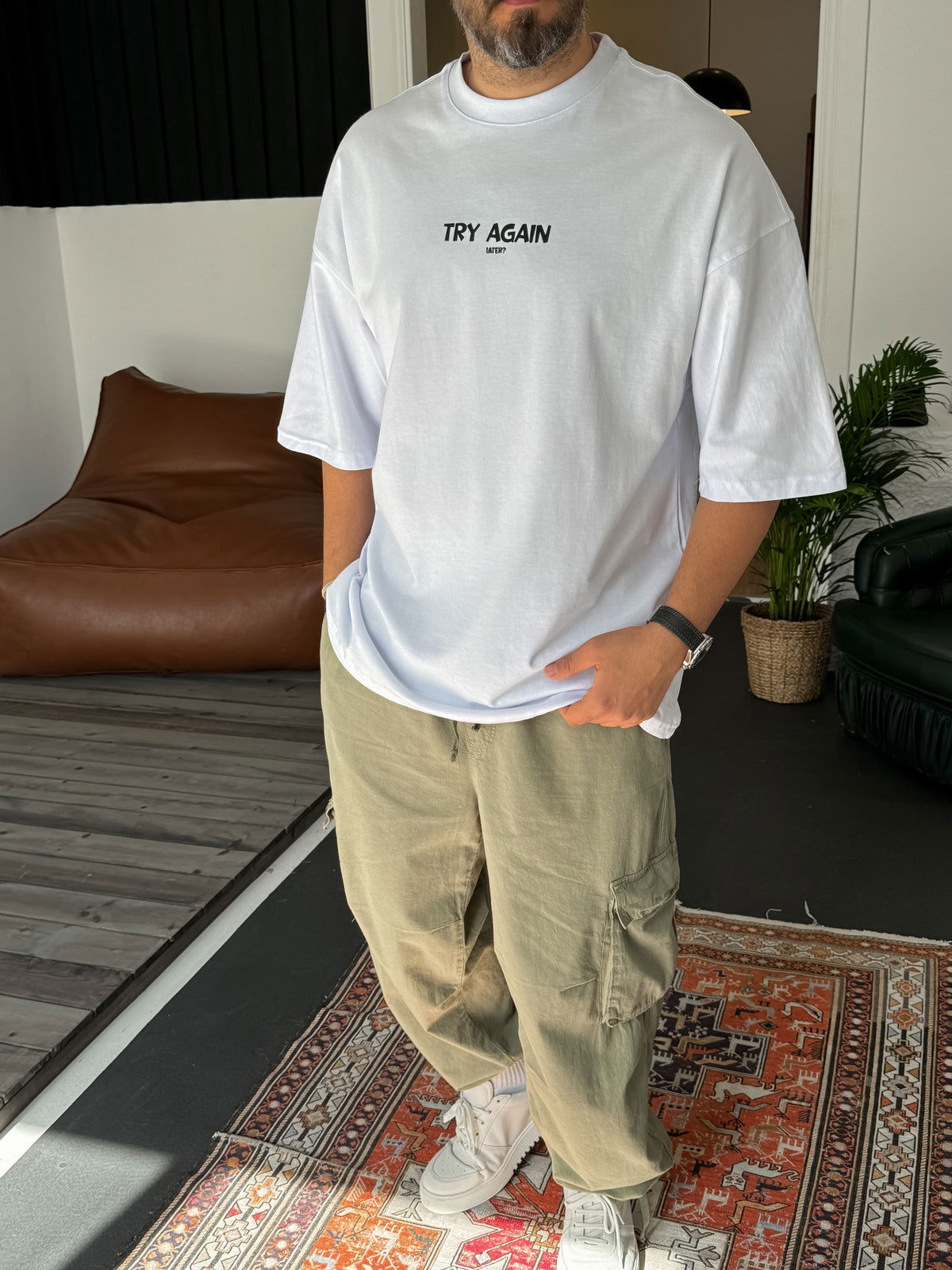 White "Try Again" Printed Oversize T-Shirt - Broek