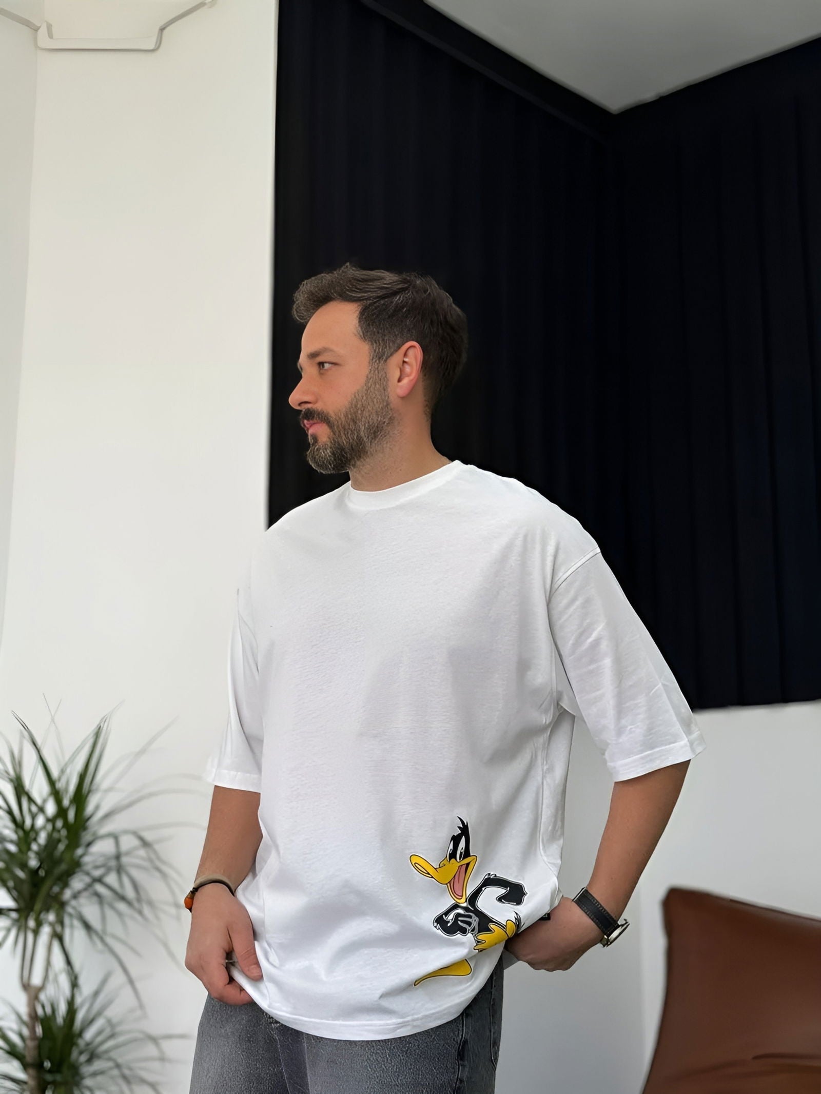 White "What's the duck" Printed Oversize T-Shirt - Broek