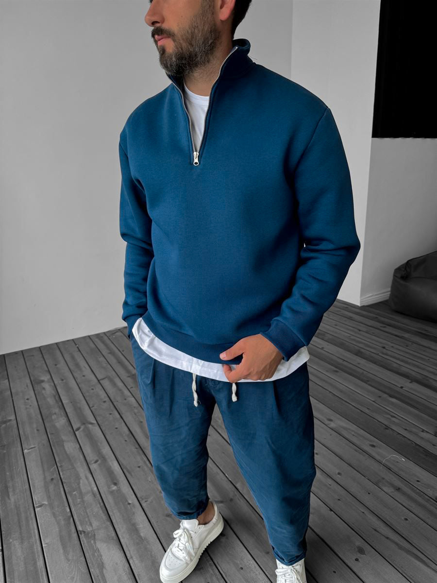 Navy-Blue Half Zipper Basic Sweatshirt