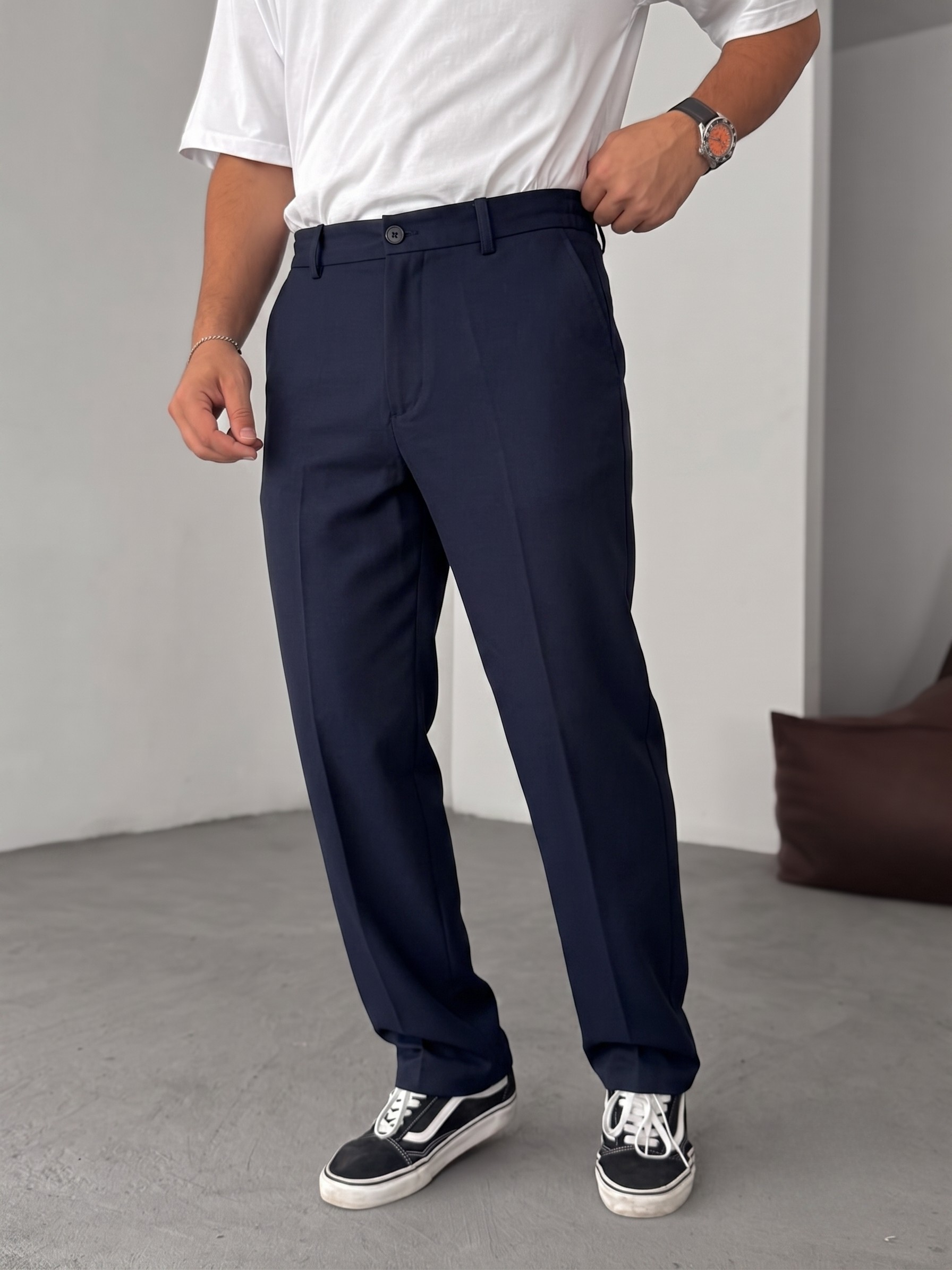 Wide Leg Chino Trousers - Navy Blue