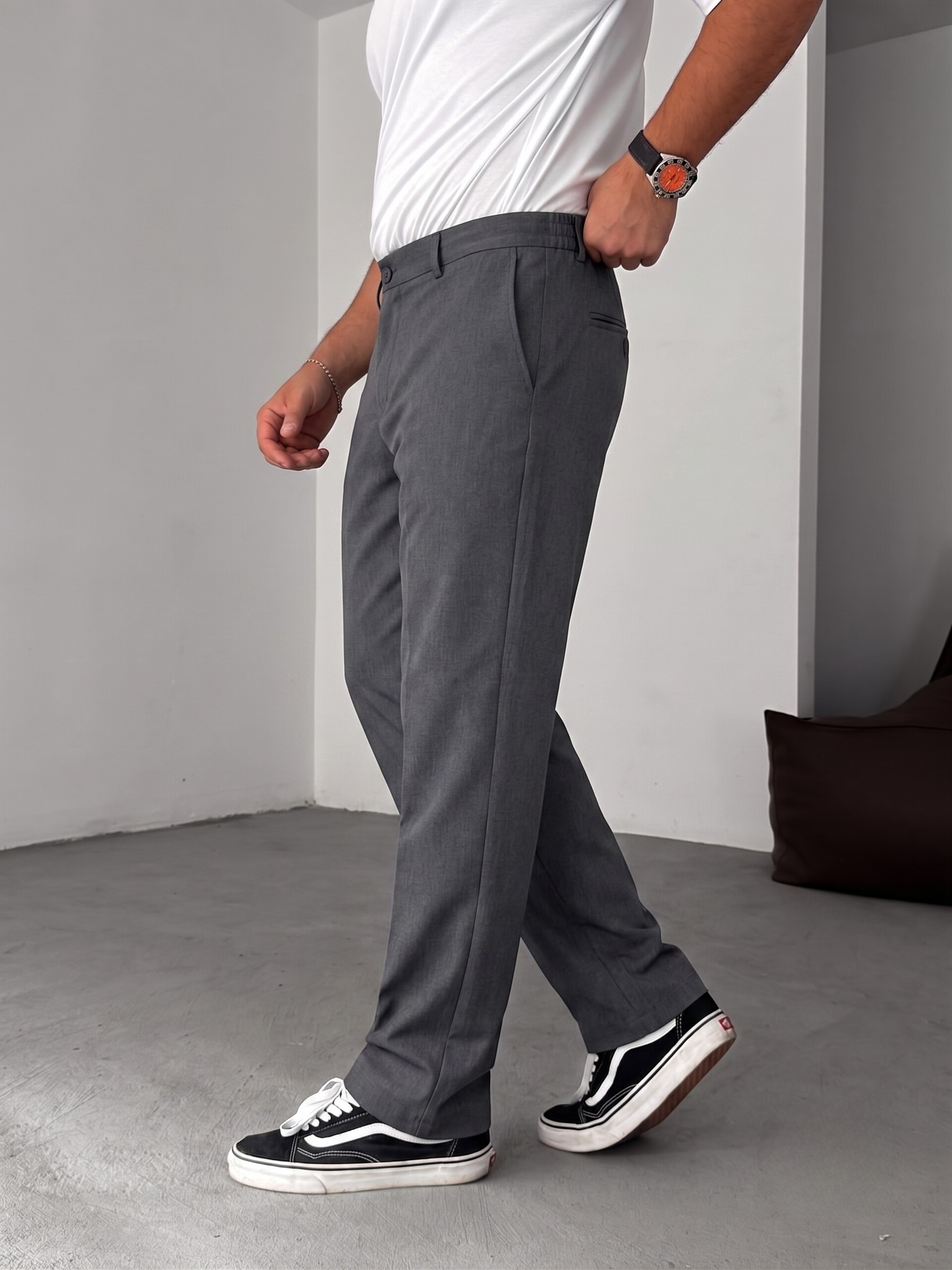 Wide Leg Chino Trousers - Dark Grey