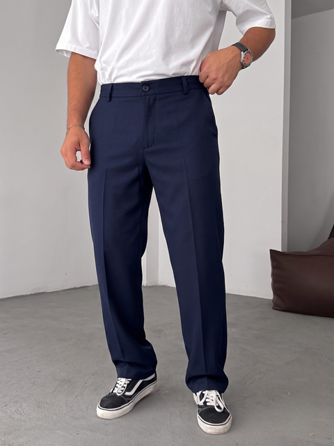 Wide Leg Chino Trousers - Navy Blue